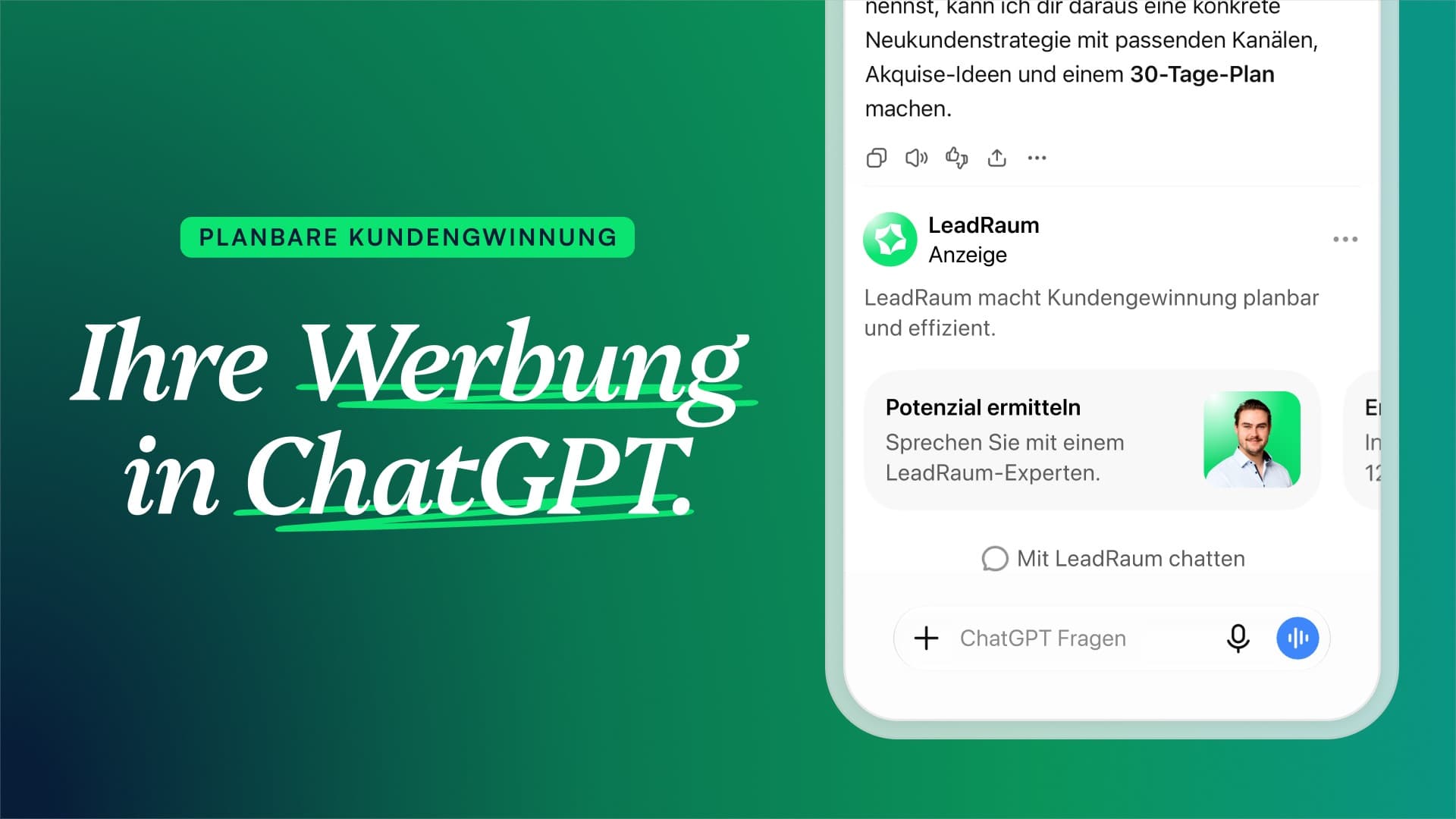 Smartphone zeigt eine als 'Gesponsort' gekennzeichnete LeadRaum-Anzeige innerhalb einer ChatGPT-Antwort, daneben die Headline 'Ihre Werbung in ChatGPT'