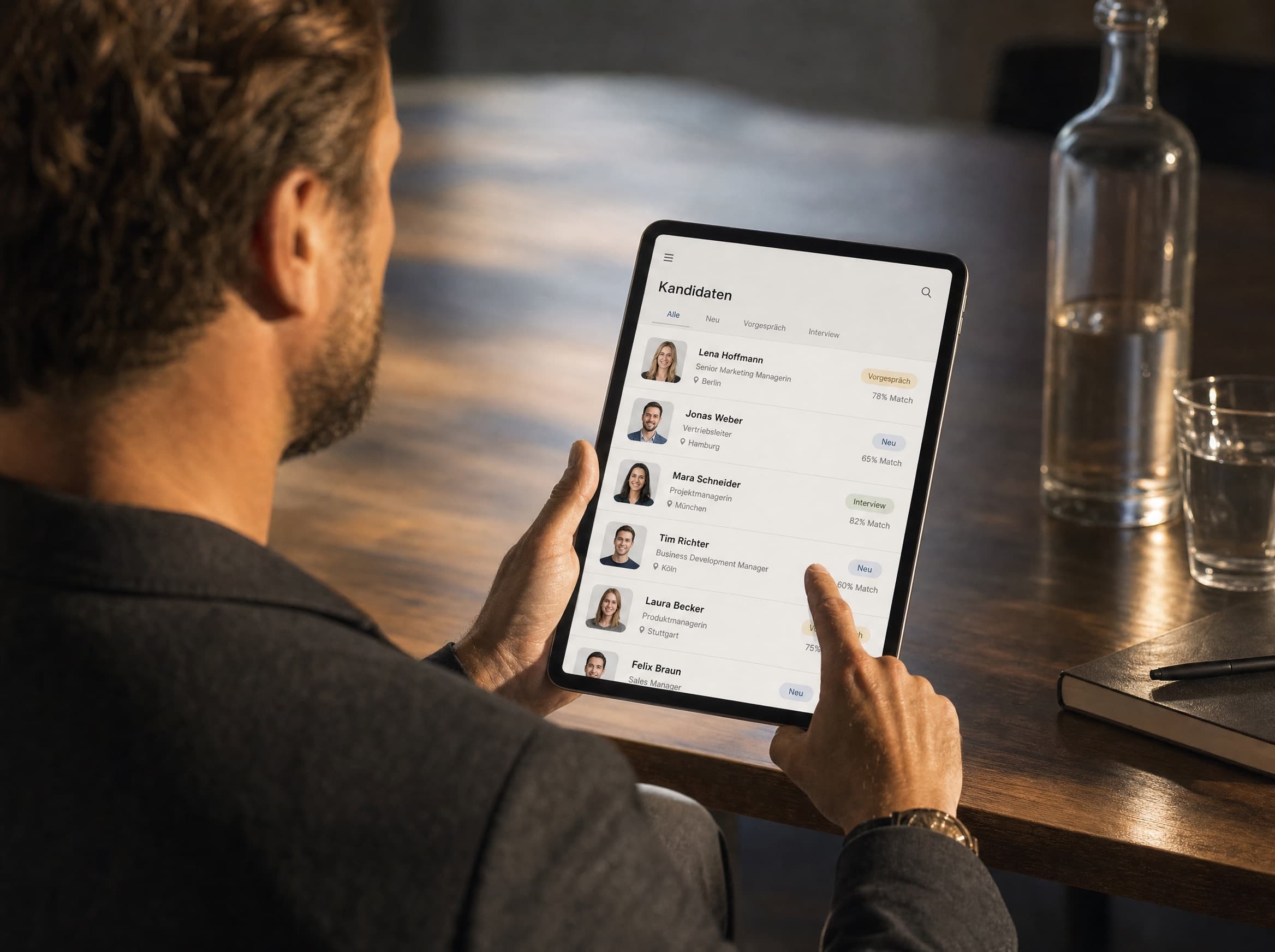 Bewerberübersicht auf einem Tablet mit Foto, Qualifikation und Ort – Mitarbeitergewinnung für Coaching-Praxen