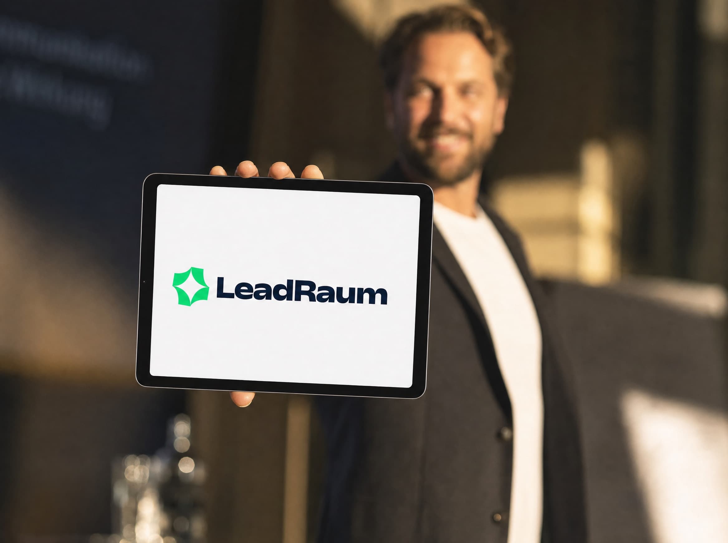 In die Kamera gehaltenes Tablet mit dem LeadRaum-Logo, dahinter unscharf der Arbeitsalltag in einer Coaching-Praxis
