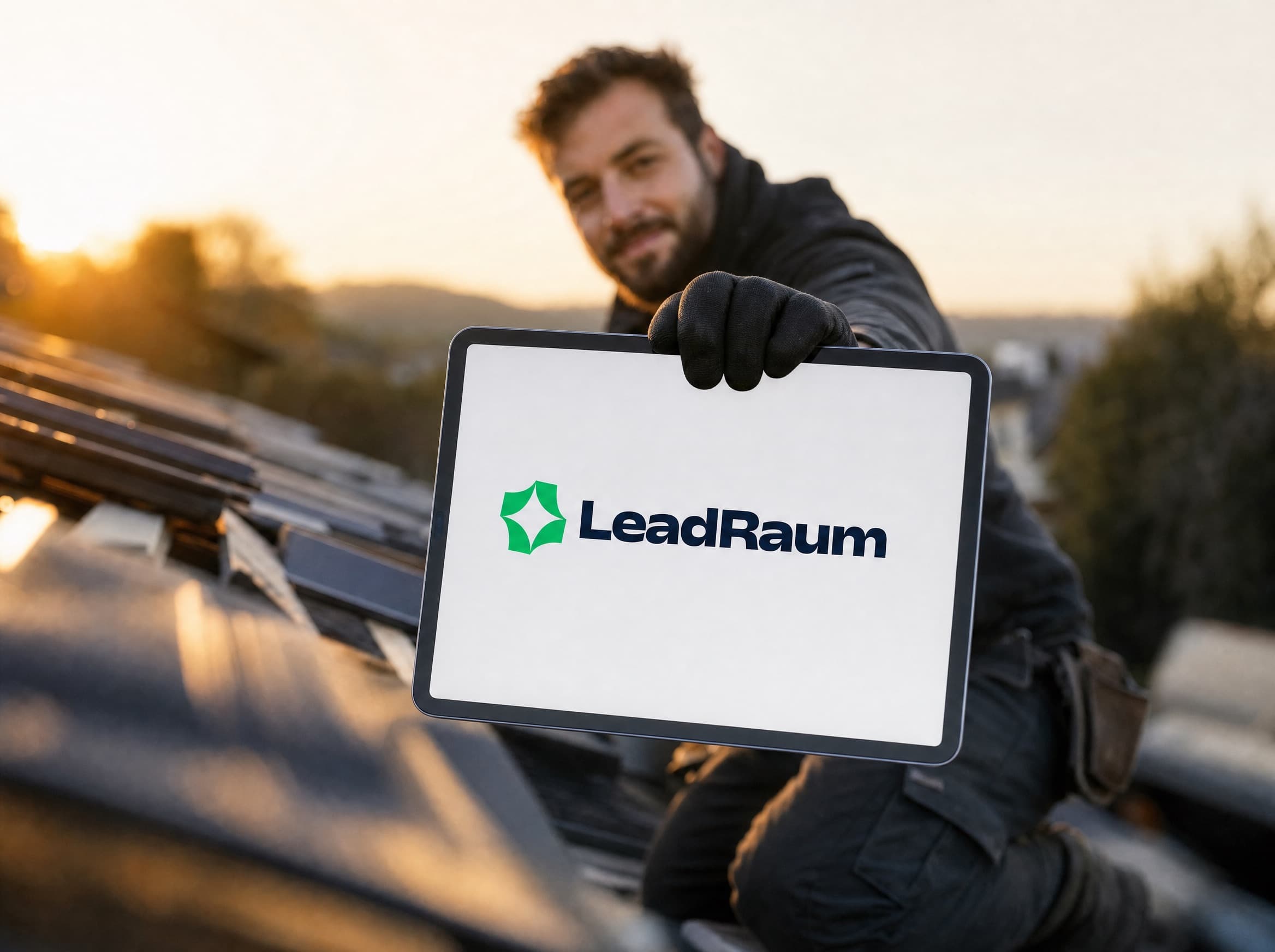 In die Kamera gehaltenes Tablet mit dem LeadRaum-Logo, dahinter unscharf der Arbeitsalltag in einem Dachdecker-Betrieb
