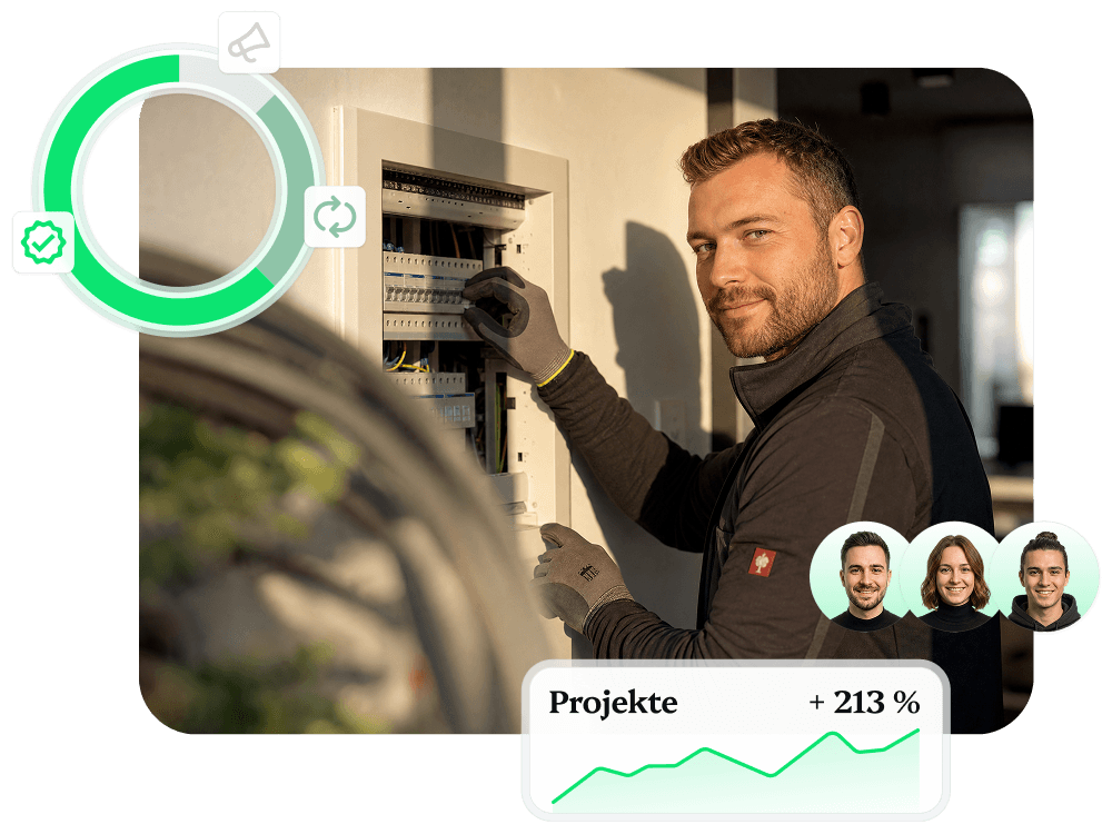 Elektriker bei der Arbeit, daneben eingeblendete LeadRaum-Kennzahlen mit Fortschrittsring, Team-Avataren und Wachstumskurve