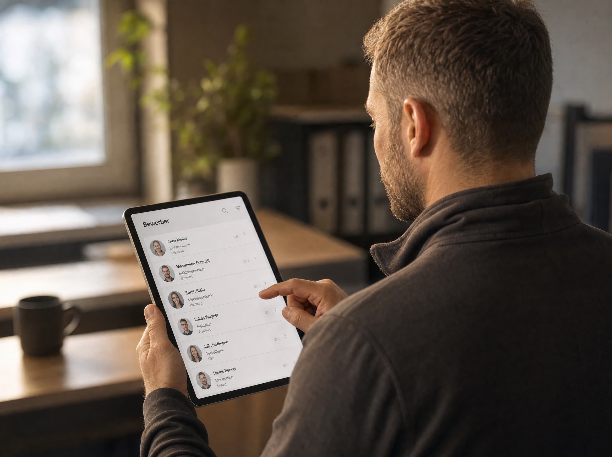 Bewerberübersicht auf einem Tablet mit Foto, Qualifikation und Ort – Mitarbeitergewinnung für Elektrobetriebe