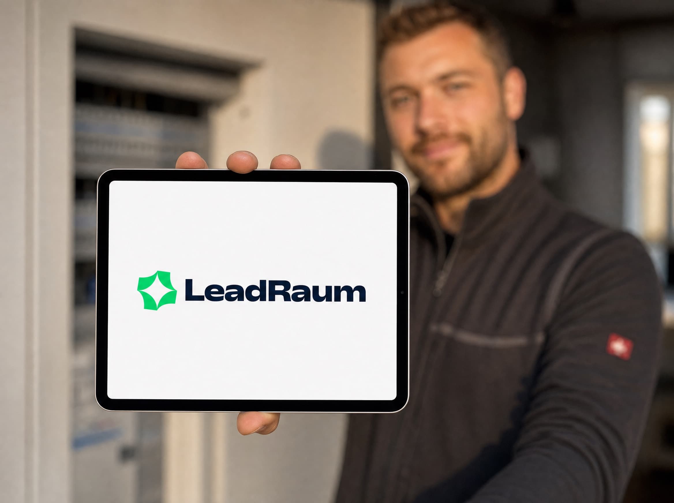 In die Kamera gehaltenes Tablet mit dem LeadRaum-Logo, dahinter unscharf der Arbeitsalltag in einem Elektrobetrieb