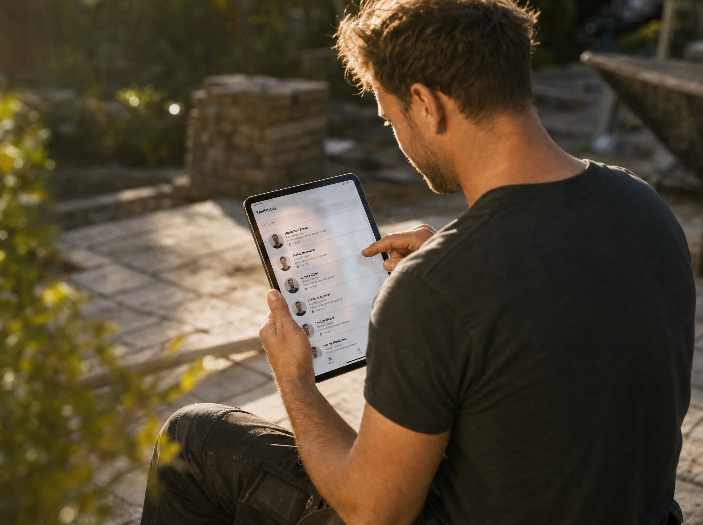 Bewerberübersicht auf einem Tablet mit Foto, Qualifikation und Ort – Mitarbeitergewinnung für Garten- und Landschaftsbaubetriebe