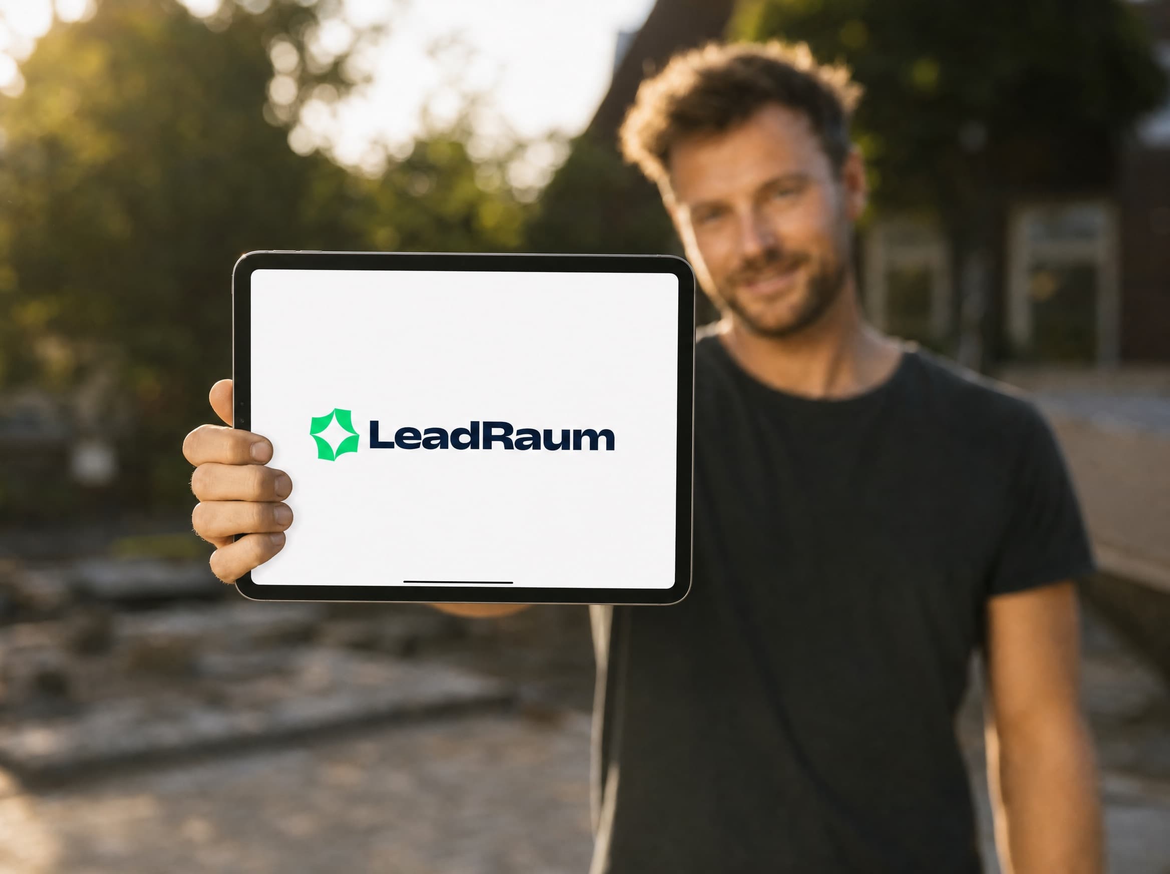 In die Kamera gehaltenes Tablet mit dem LeadRaum-Logo, dahinter unscharf der Arbeitsalltag in einem Garten- und Landschaftsbaubetrieb
