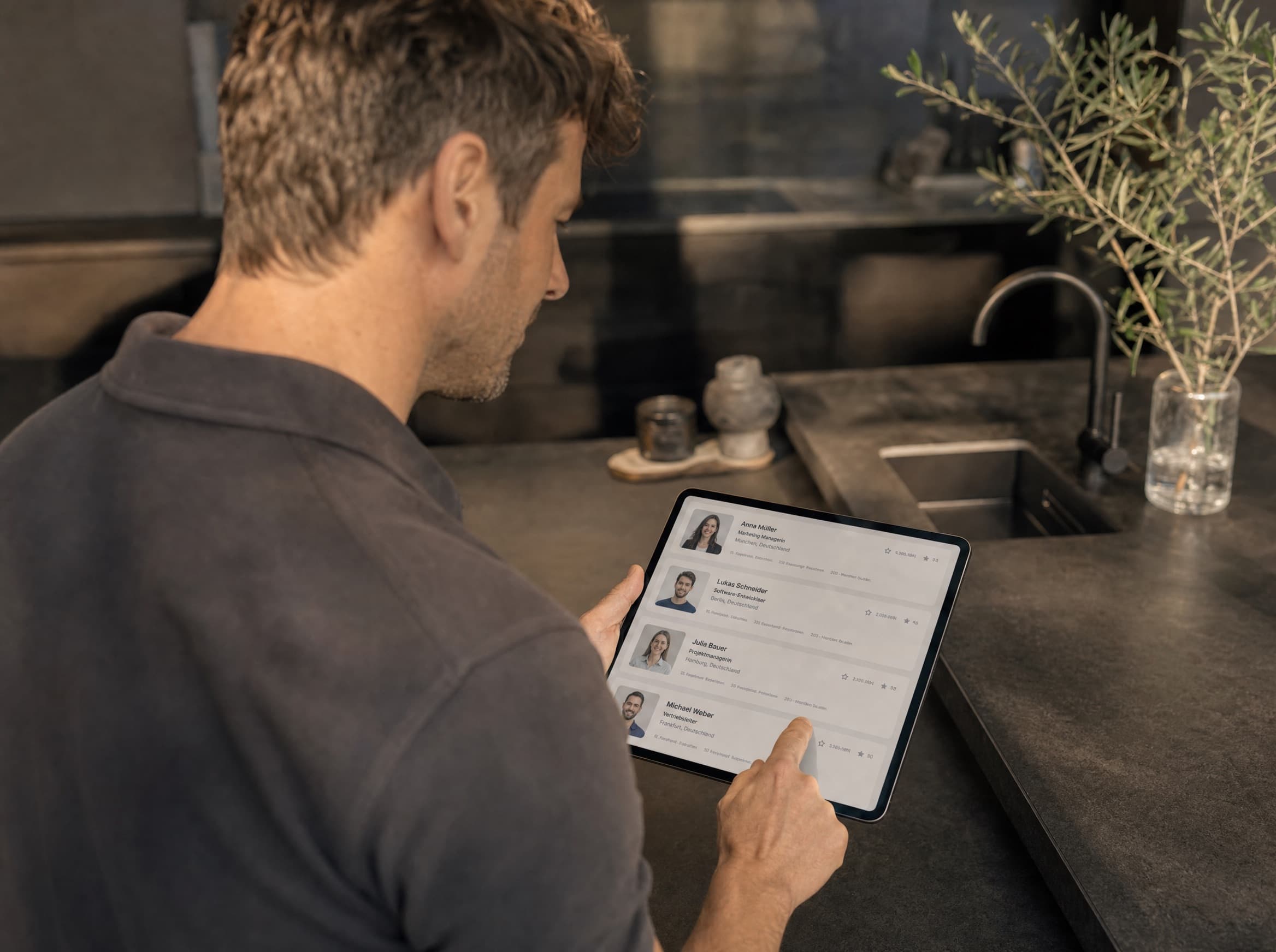 Bewerberübersicht auf einem Tablet mit Foto, Qualifikation und Ort – Mitarbeitergewinnung für Küchenbaubetriebe