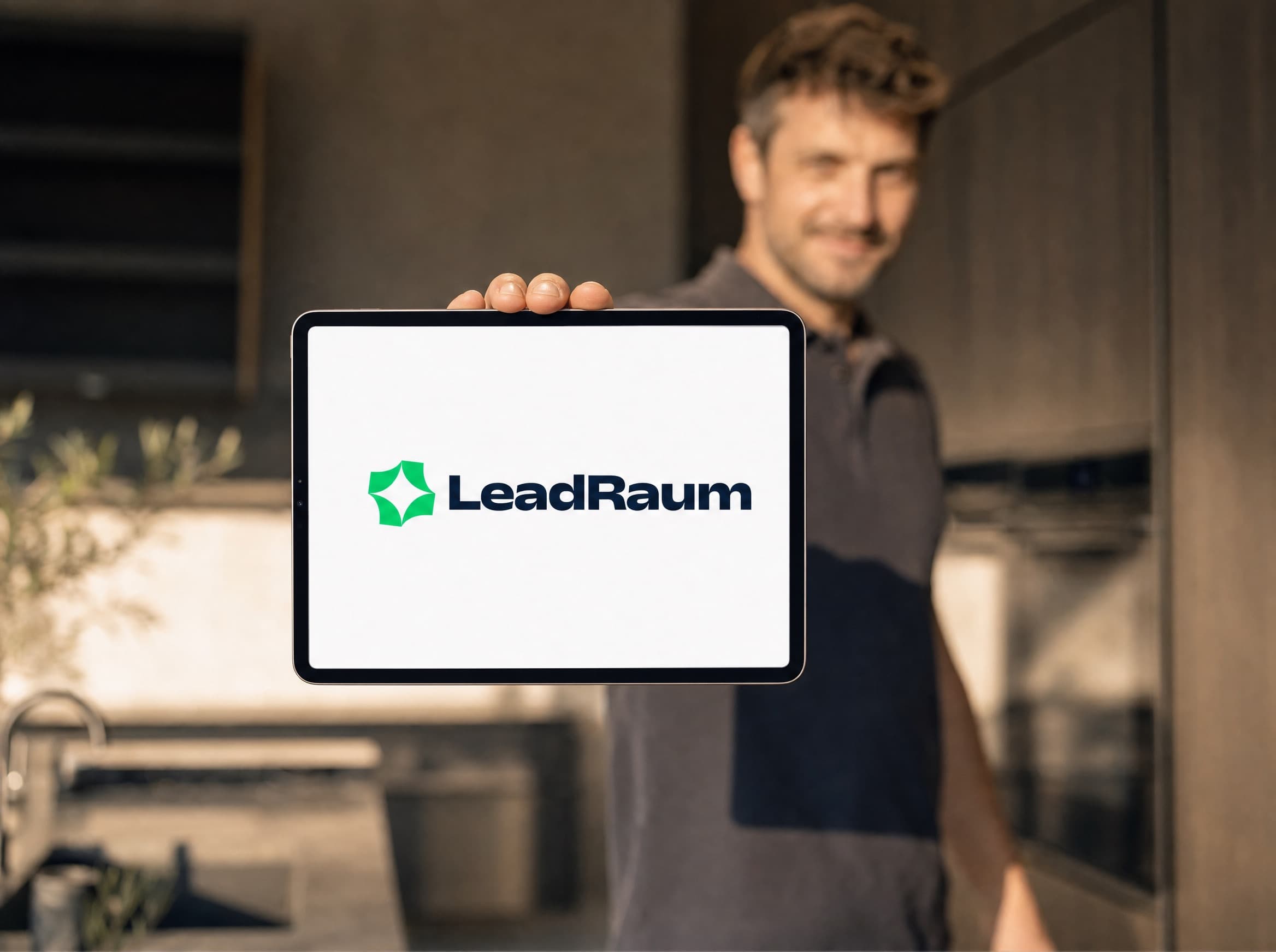 In die Kamera gehaltenes Tablet mit dem LeadRaum-Logo, dahinter unscharf der Arbeitsalltag in einem Küchenbaubetrieb