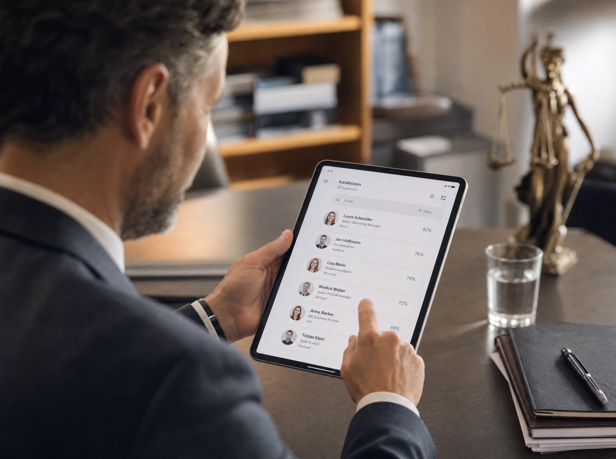 Bewerberübersicht auf einem Tablet mit Foto, Qualifikation und Ort – Mitarbeitergewinnung für Rechtsanwaltskanzleien