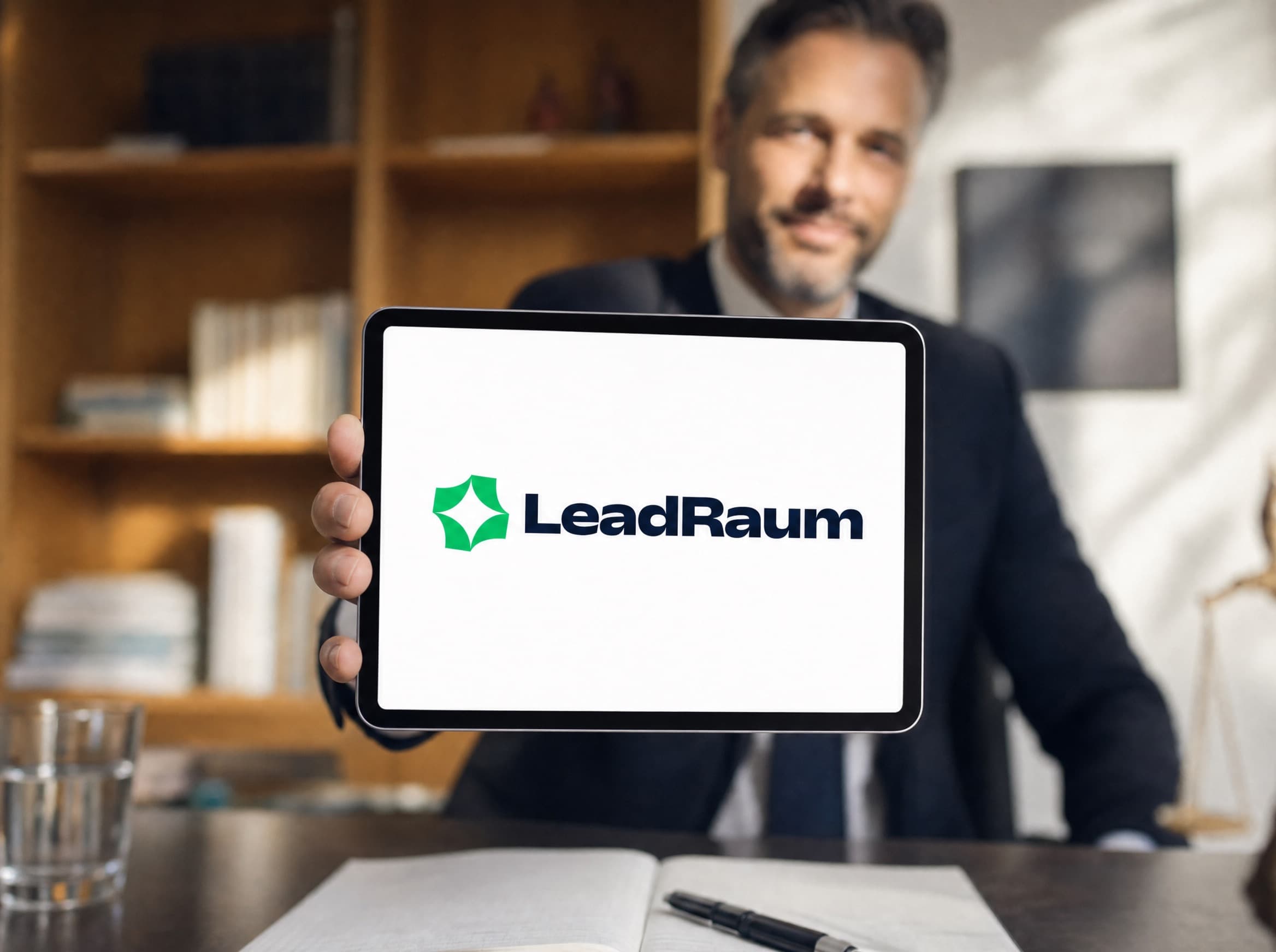 In die Kamera gehaltenes Tablet mit dem LeadRaum-Logo, dahinter unscharf der Arbeitsalltag in einer Rechtsanwaltskanzlei