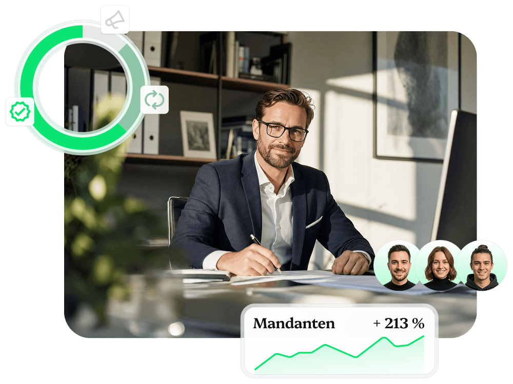 Steuerberater bei der Arbeit, daneben eingeblendete LeadRaum-Kennzahlen mit Fortschrittsring, Team-Avataren und Wachstumskurve