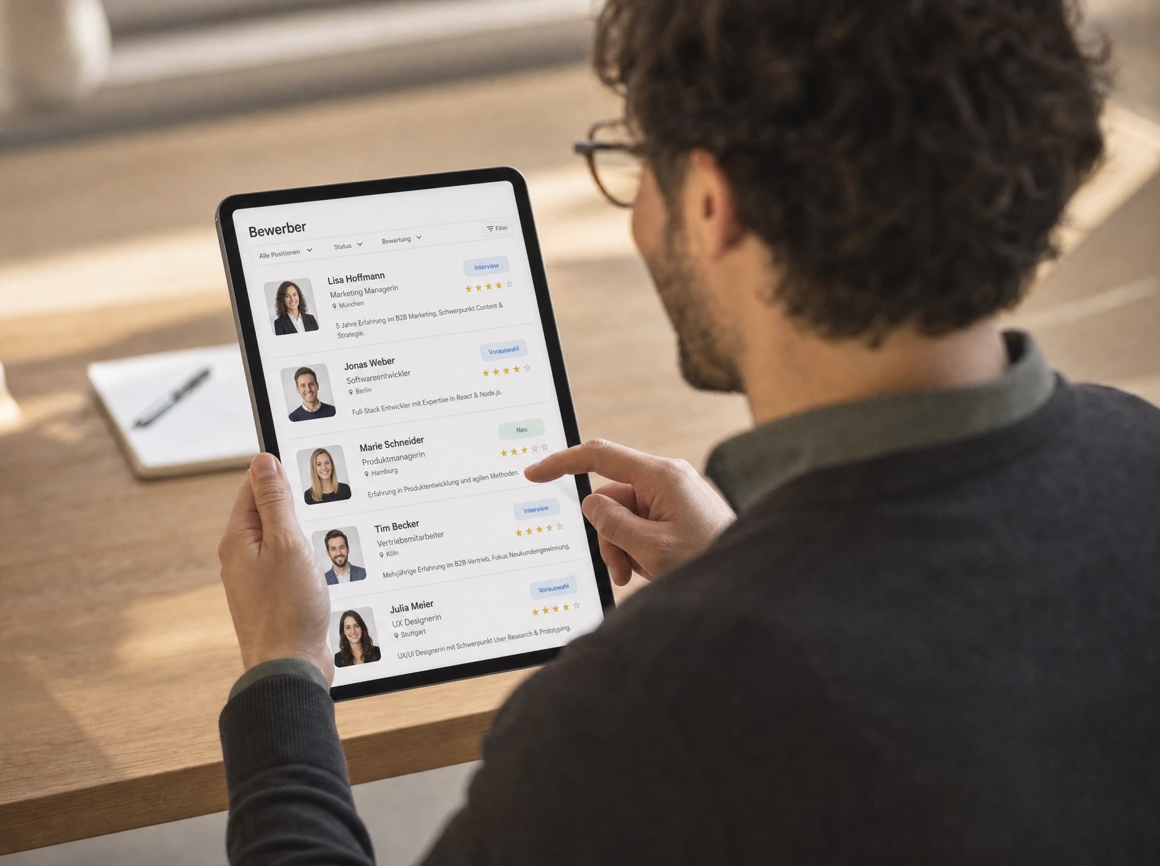 Bewerberübersicht auf einem Tablet mit Foto, Qualifikation und Ort – Mitarbeitergewinnung für Bildungseinrichtungen
