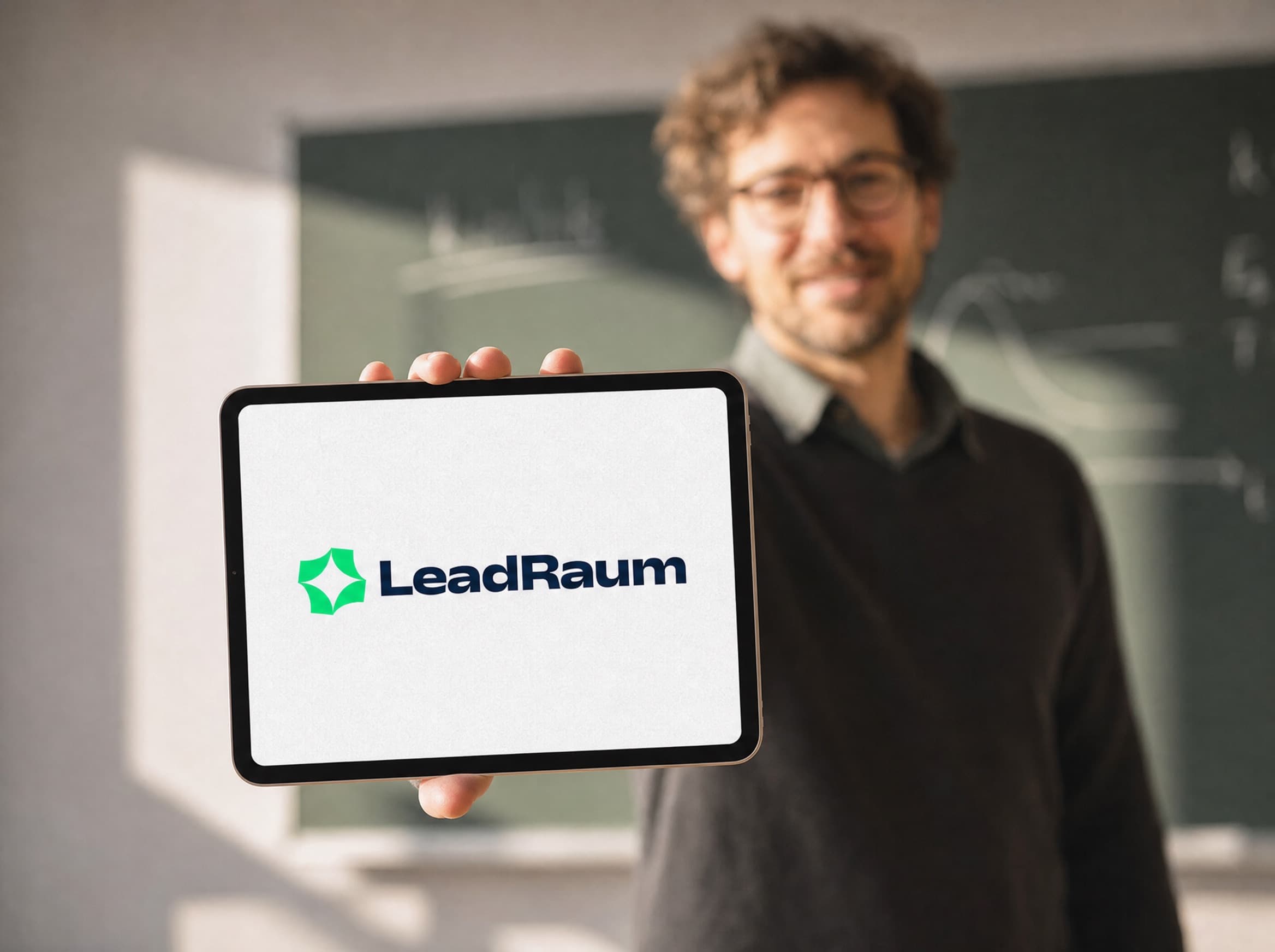 In die Kamera gehaltenes Tablet mit dem LeadRaum-Logo, dahinter unscharf der Arbeitsalltag in einer Bildungseinrichtung