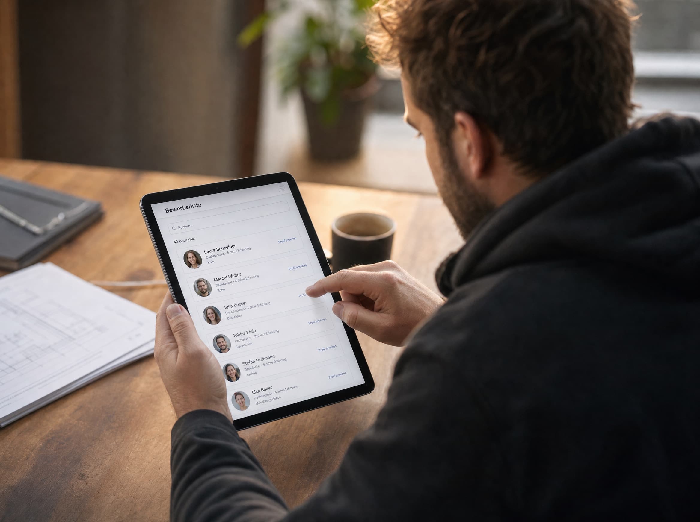Bewerberübersicht auf einem Tablet mit Foto, Qualifikation und Ort – Mitarbeitergewinnung für Dachdecker-Betriebe