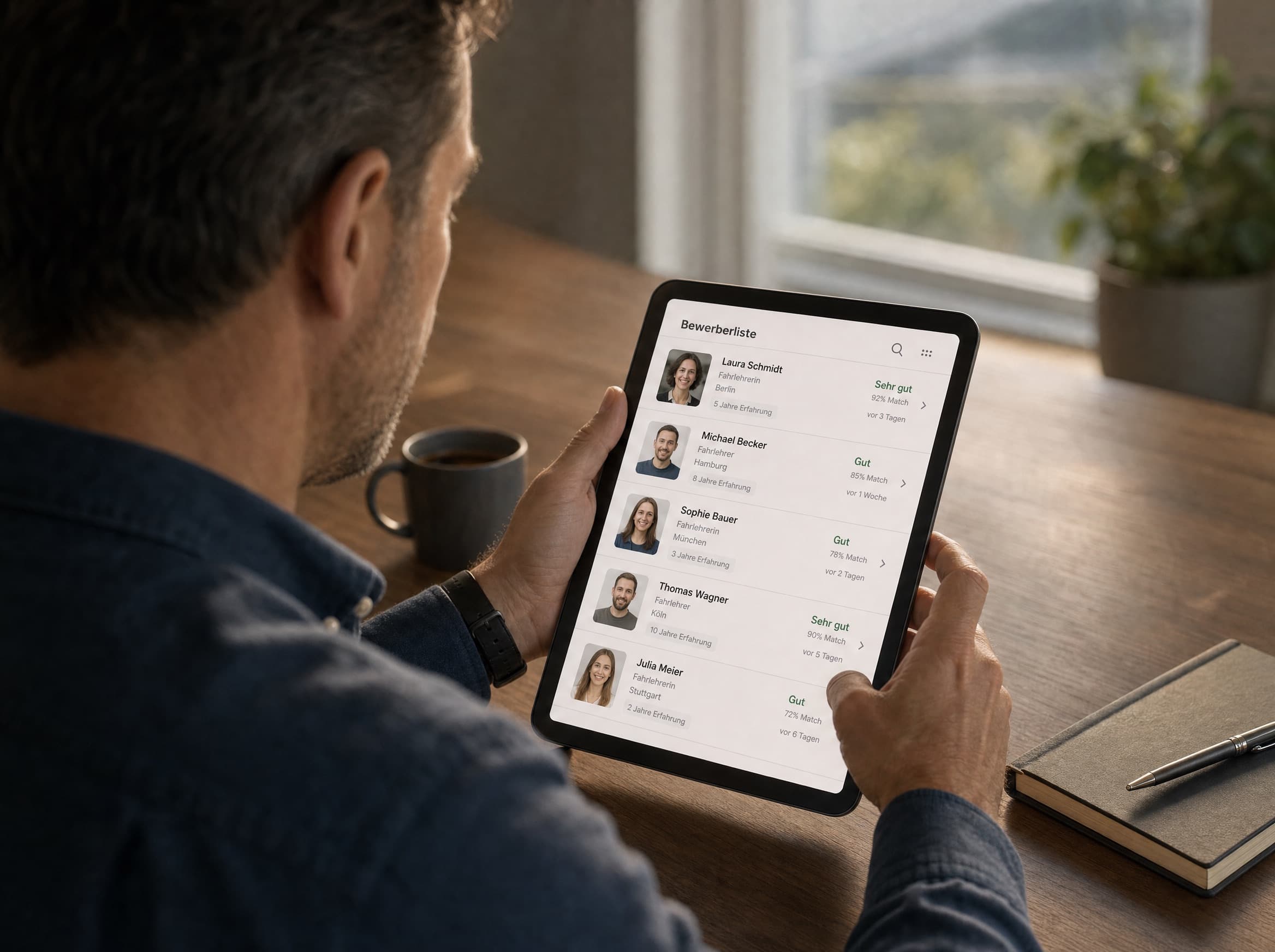 Bewerberübersicht auf einem Tablet mit Foto, Qualifikation und Ort – Mitarbeitergewinnung für Fahrschulen
