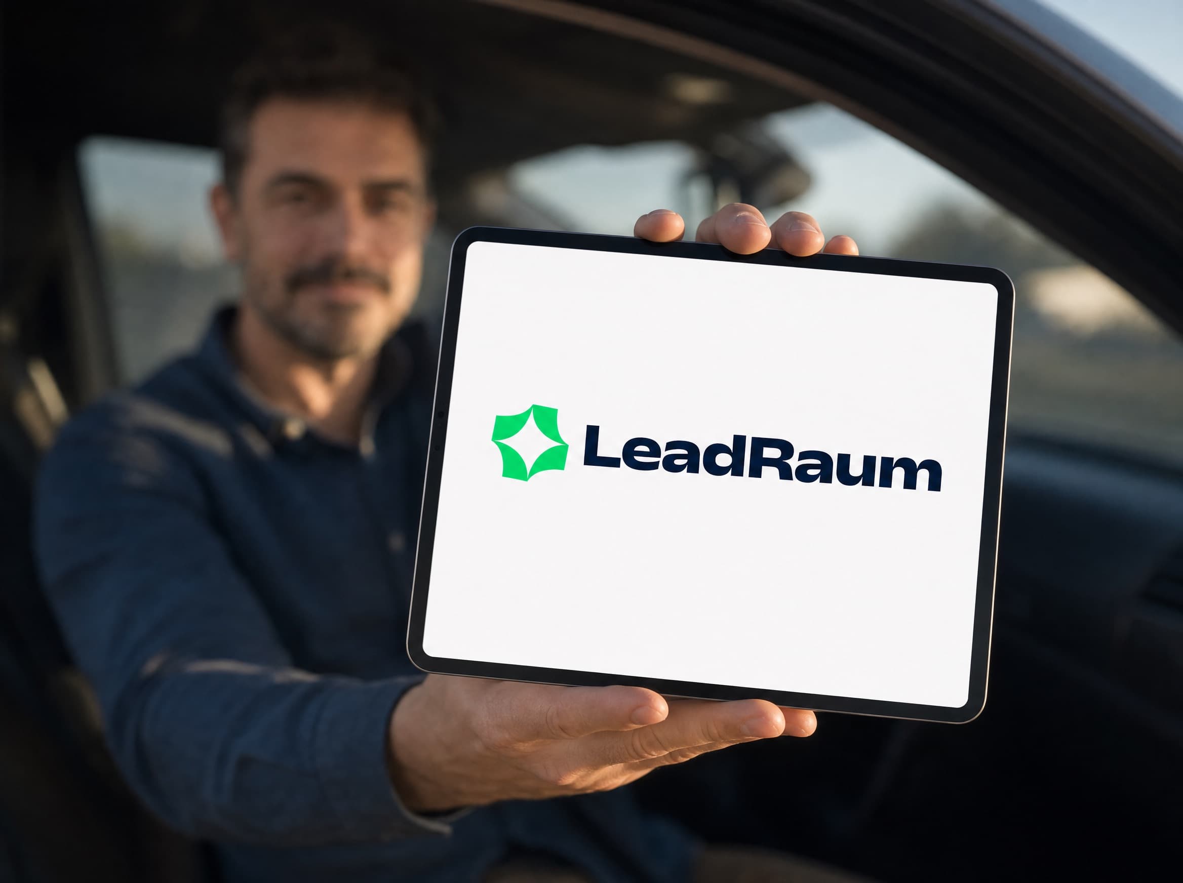 In die Kamera gehaltenes Tablet mit dem LeadRaum-Logo, dahinter unscharf der Arbeitsalltag in einer Fahrschule
