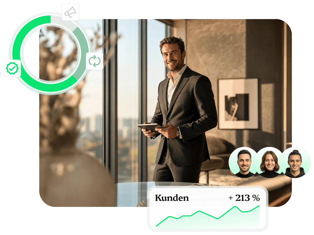 Immobilienmakler bei der Arbeit, daneben eingeblendete LeadRaum-Kennzahlen mit Fortschrittsring, Team-Avataren und Wachstumskurve