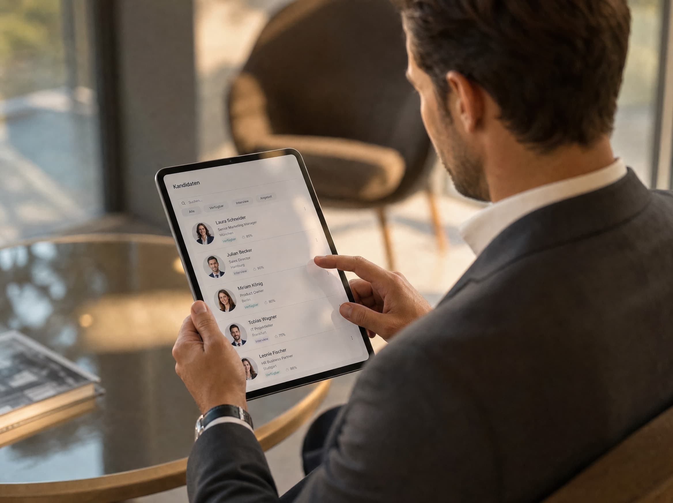 Bewerberübersicht auf einem Tablet mit Foto, Qualifikation und Ort – Mitarbeitergewinnung für Immobilienbüros