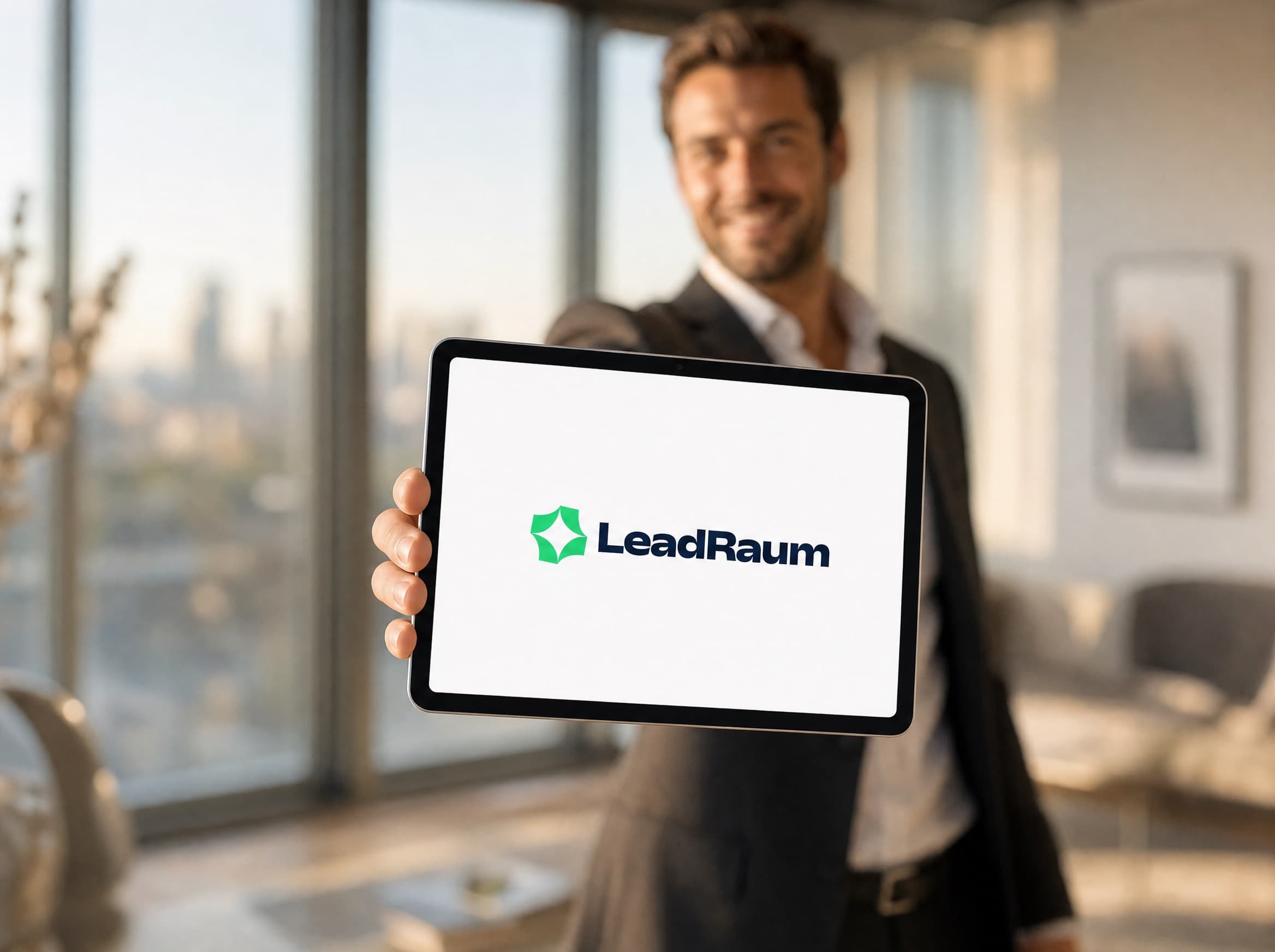 In die Kamera gehaltenes Tablet mit dem LeadRaum-Logo, dahinter unscharf der Arbeitsalltag in einem Immobilienbüro