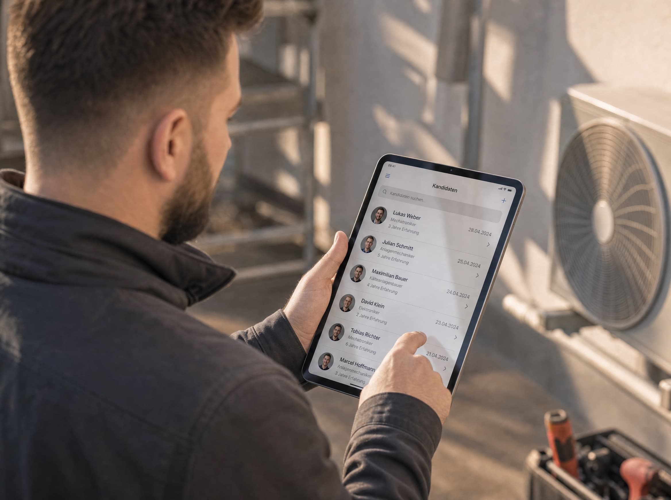 Bewerberübersicht auf einem Tablet mit Foto, Qualifikation und Ort – Mitarbeitergewinnung für Klima- und Lüftungsbetriebe