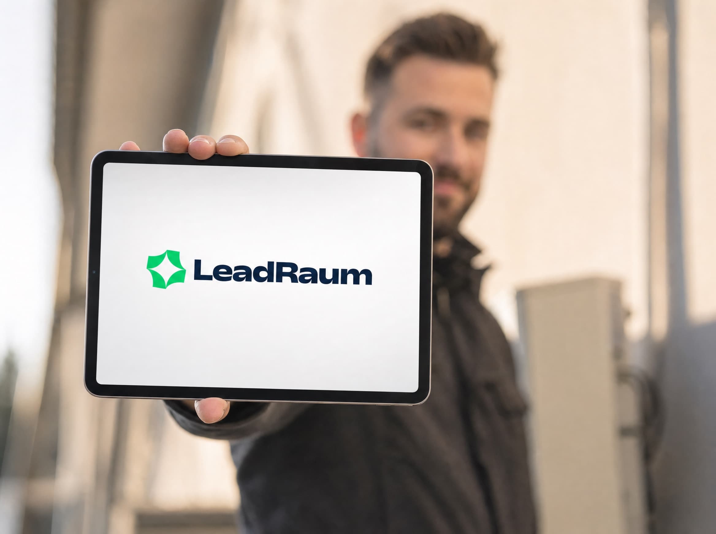 In die Kamera gehaltenes Tablet mit dem LeadRaum-Logo, dahinter unscharf der Arbeitsalltag in einem Klima- und Lüftungsbetrieb