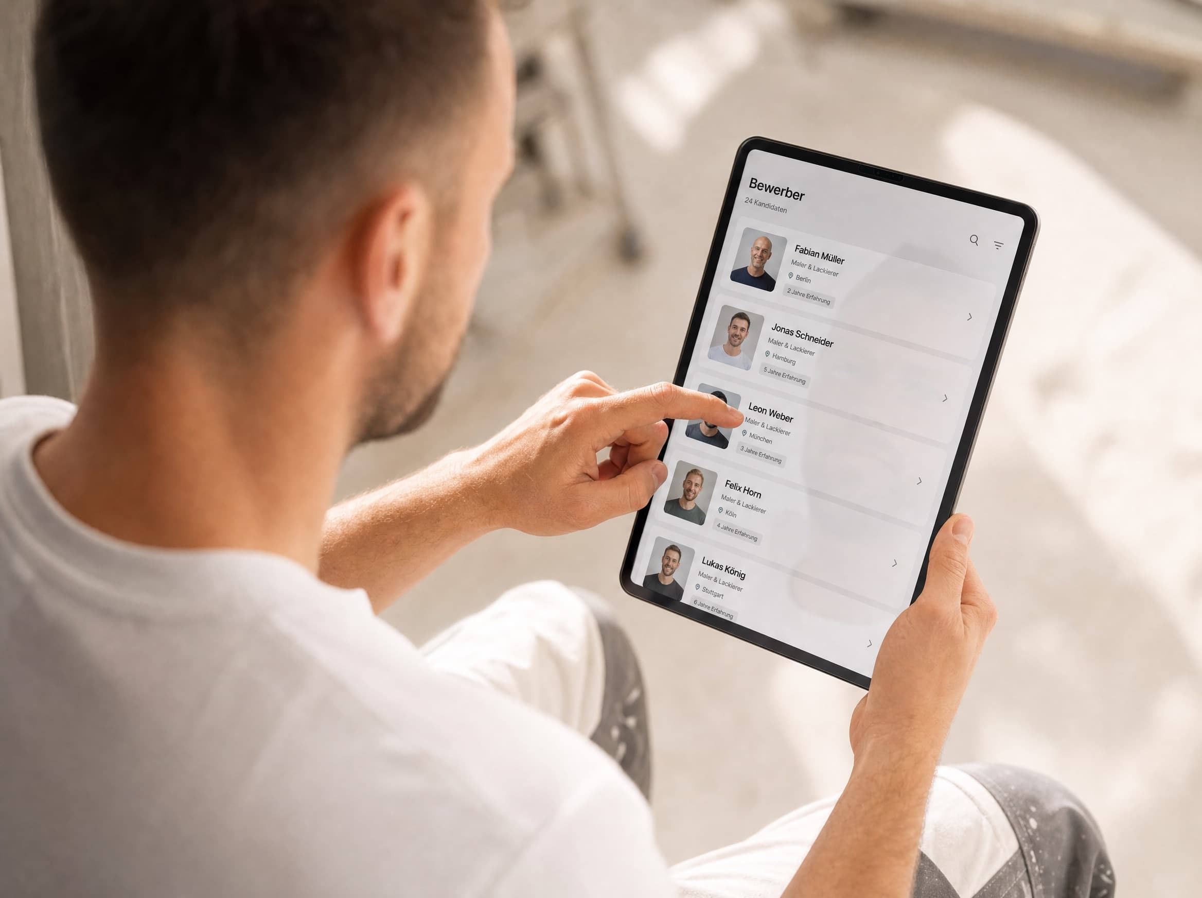 Bewerberübersicht auf einem Tablet mit Foto, Qualifikation und Ort – Mitarbeitergewinnung für Maler- und Lackierbetriebe