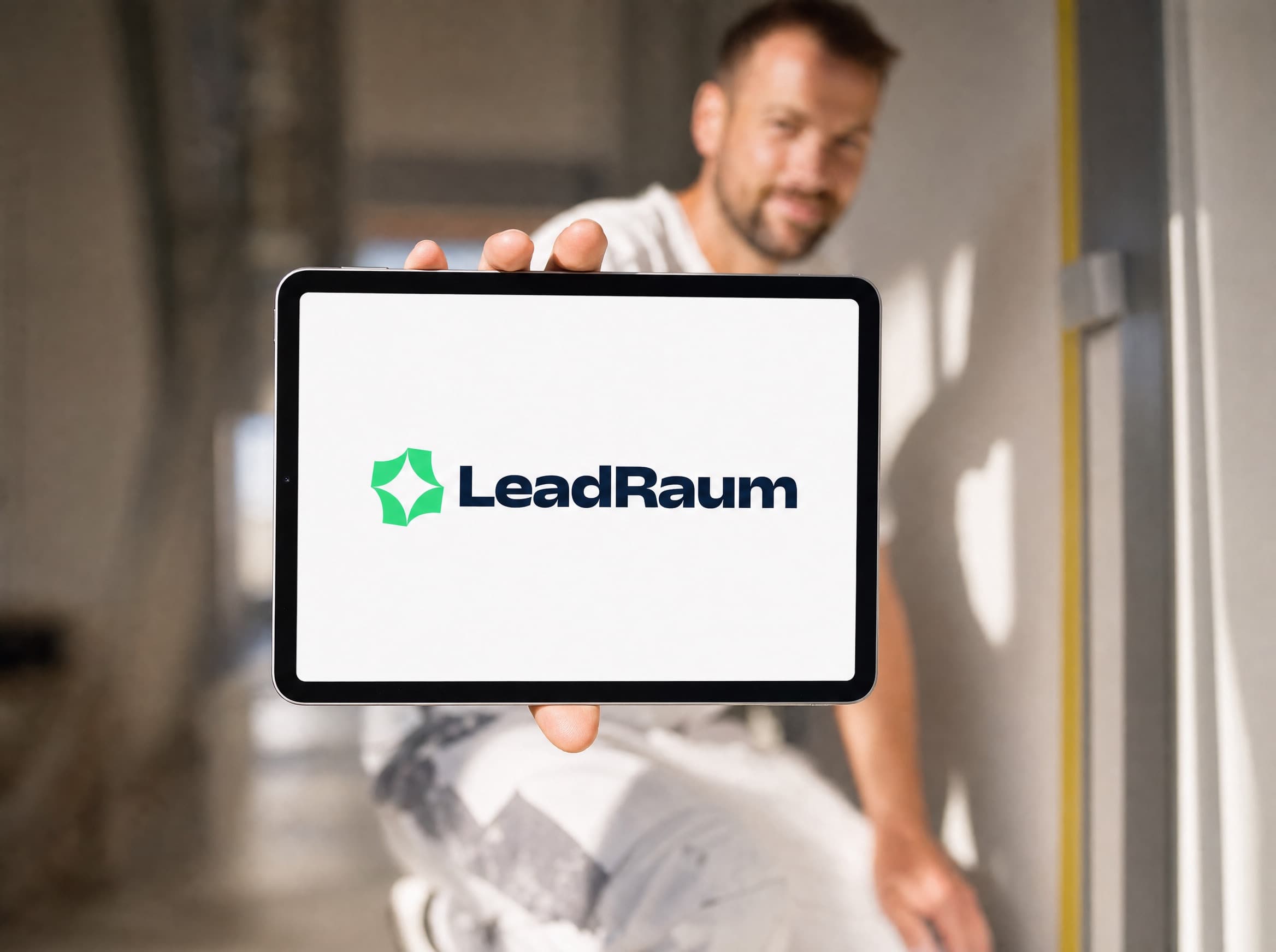 In die Kamera gehaltenes Tablet mit dem LeadRaum-Logo, dahinter unscharf der Arbeitsalltag in einem Maler- und Lackierbetrieb