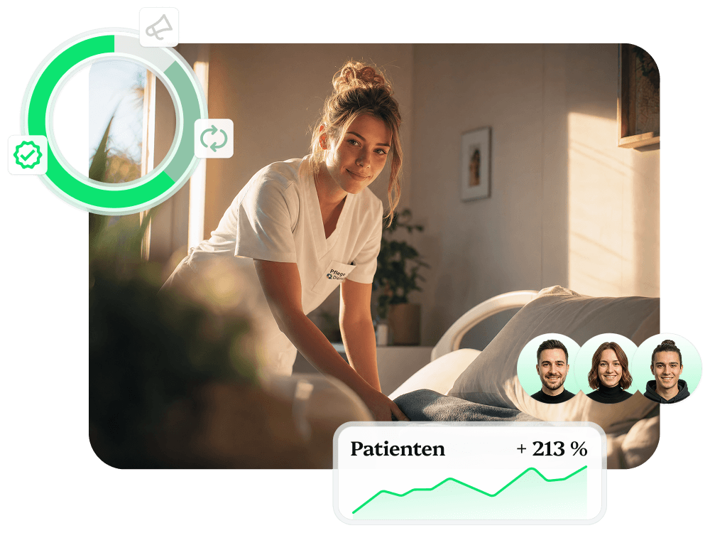 Pflegekraft bei der Arbeit, daneben eingeblendete LeadRaum-Kennzahlen mit Fortschrittsring, Team-Avataren und Wachstumskurve