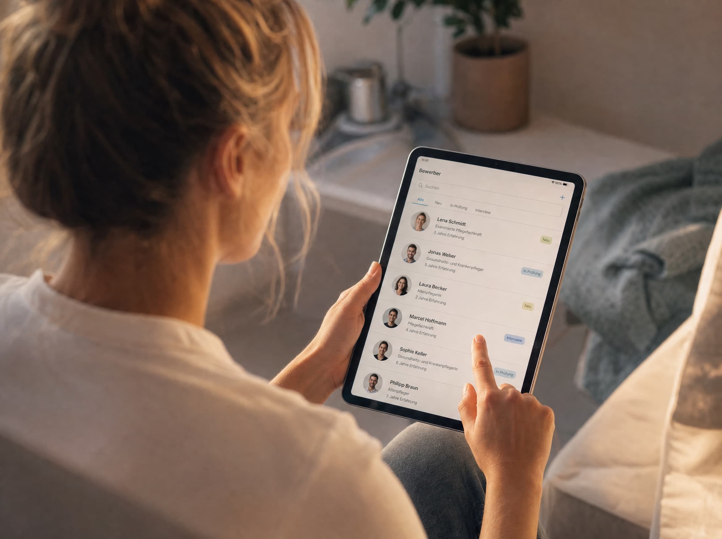 Bewerberübersicht auf einem Tablet mit Foto, Qualifikation und Ort – Mitarbeitergewinnung für Pflegeeinrichtungen