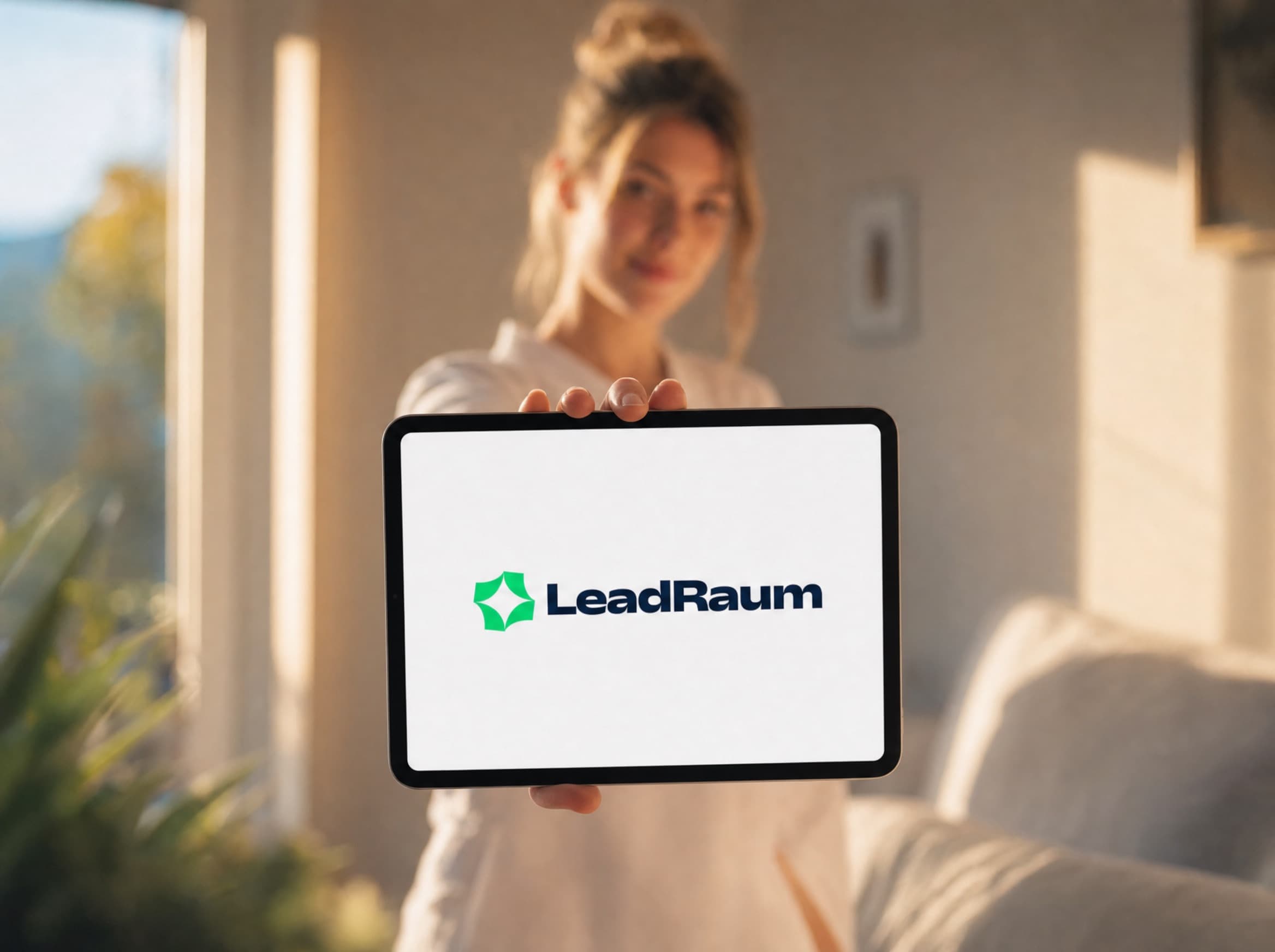 In die Kamera gehaltenes Tablet mit dem LeadRaum-Logo, dahinter unscharf der Arbeitsalltag in einer Pflegeeinrichtung