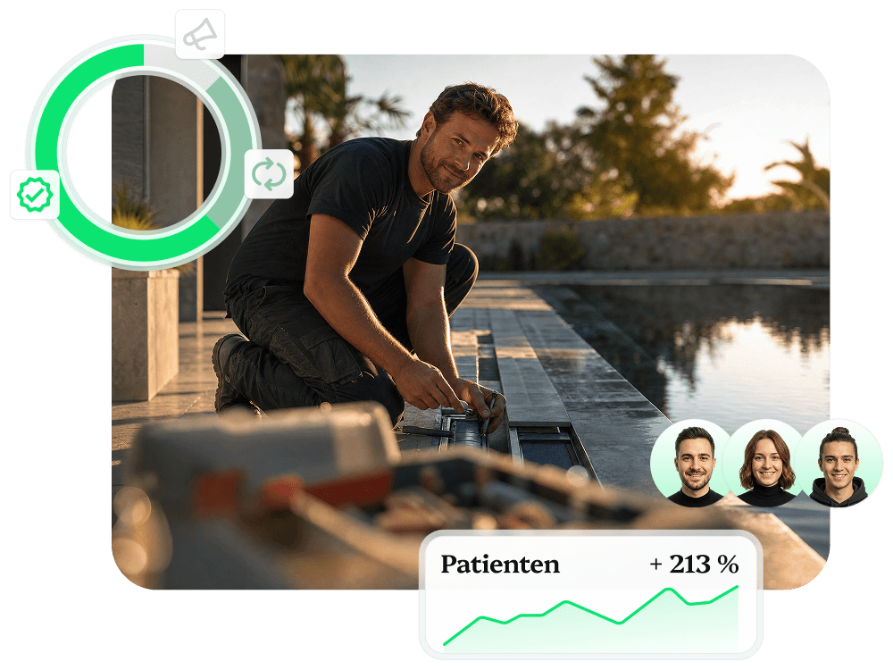 Poolbauer bei der Arbeit, daneben eingeblendete LeadRaum-Kennzahlen mit Fortschrittsring, Team-Avataren und Wachstumskurve