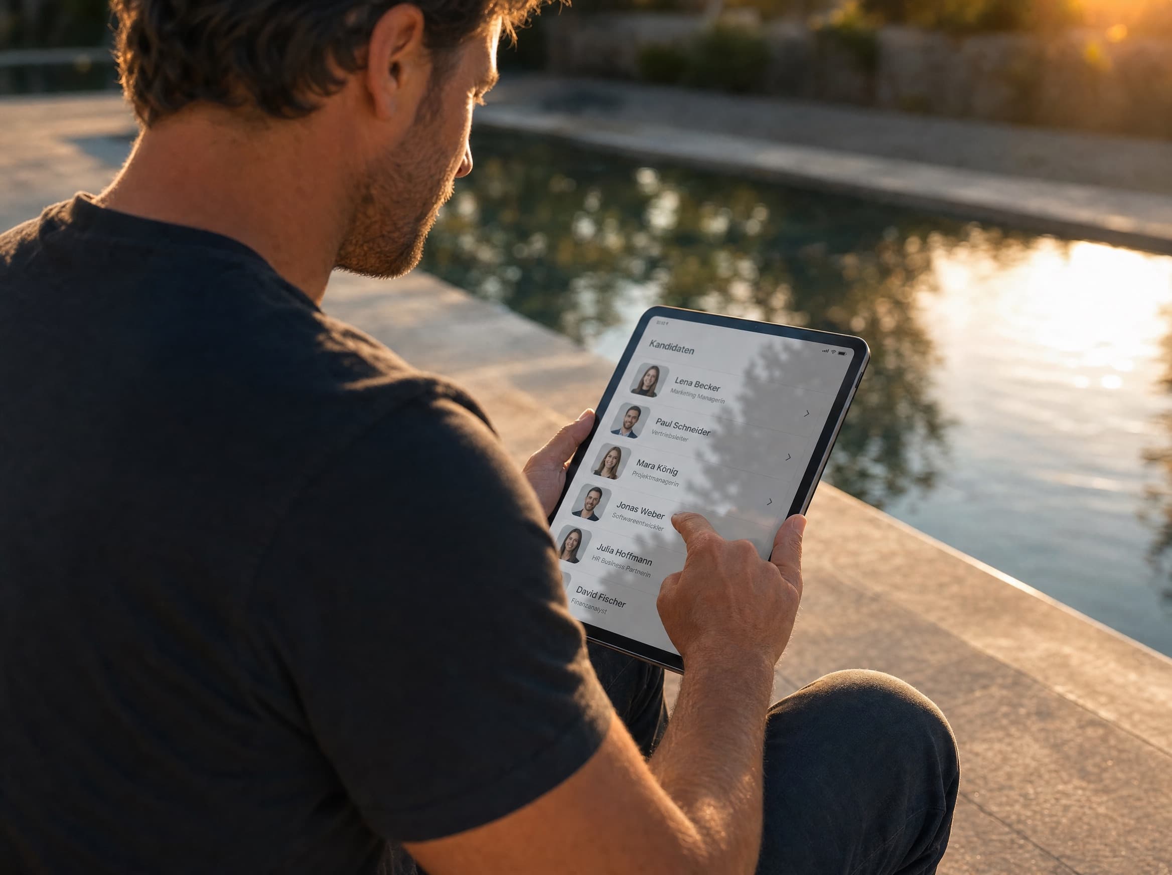 Bewerberübersicht auf einem Tablet mit Foto, Qualifikation und Ort – Mitarbeitergewinnung für Poolbaubetriebe