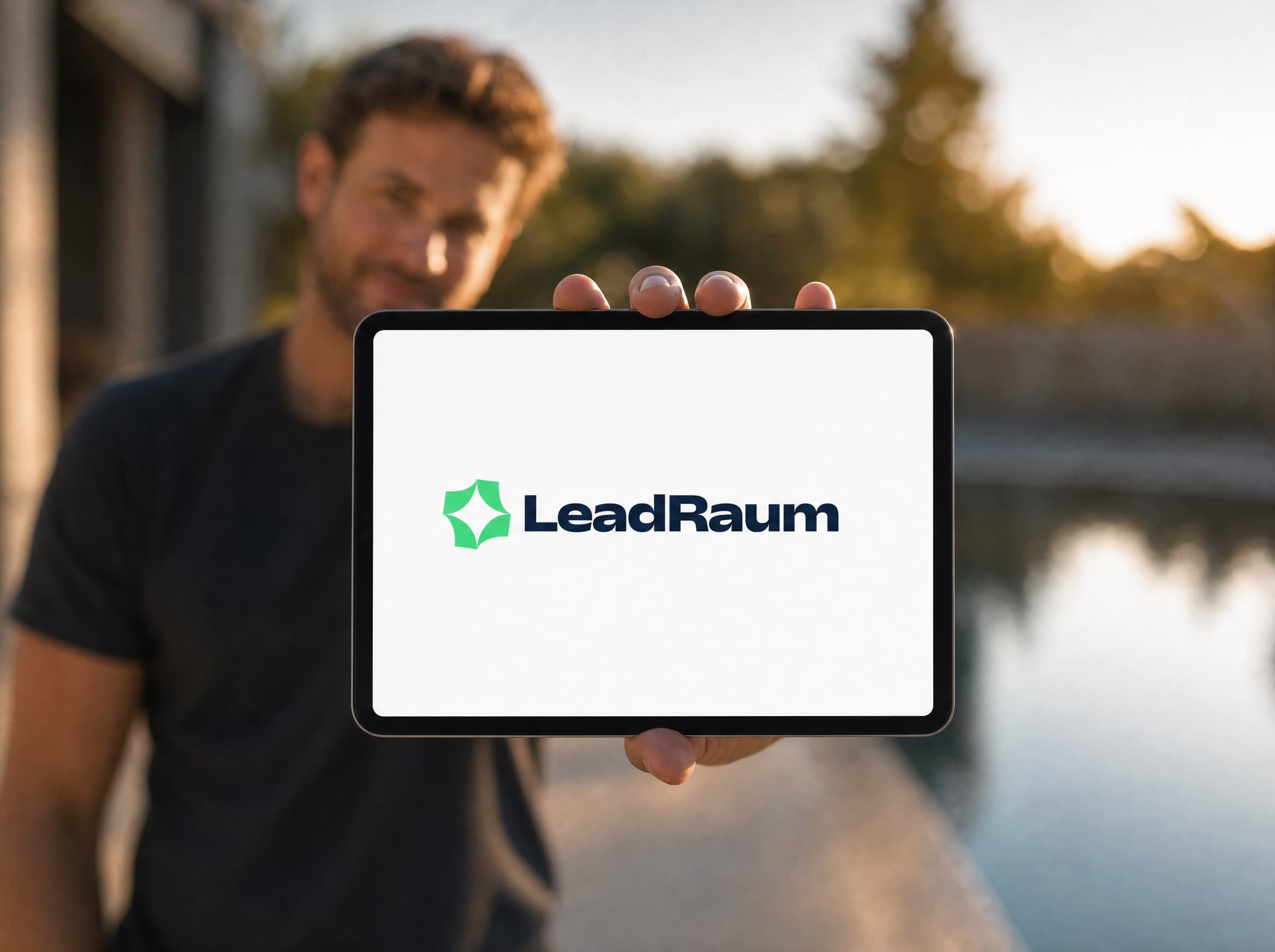In die Kamera gehaltenes Tablet mit dem LeadRaum-Logo, dahinter unscharf der Arbeitsalltag in einem Poolbaubetrieb