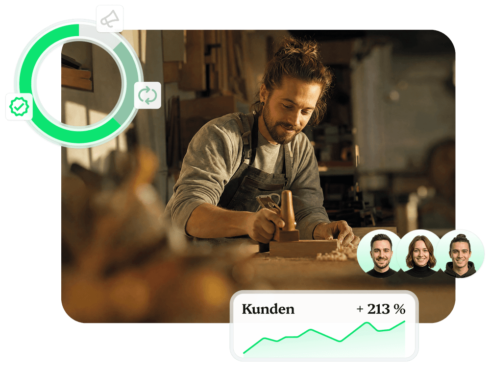Schreiner bei der Arbeit, daneben eingeblendete LeadRaum-Kennzahlen mit Fortschrittsring, Team-Avataren und Wachstumskurve