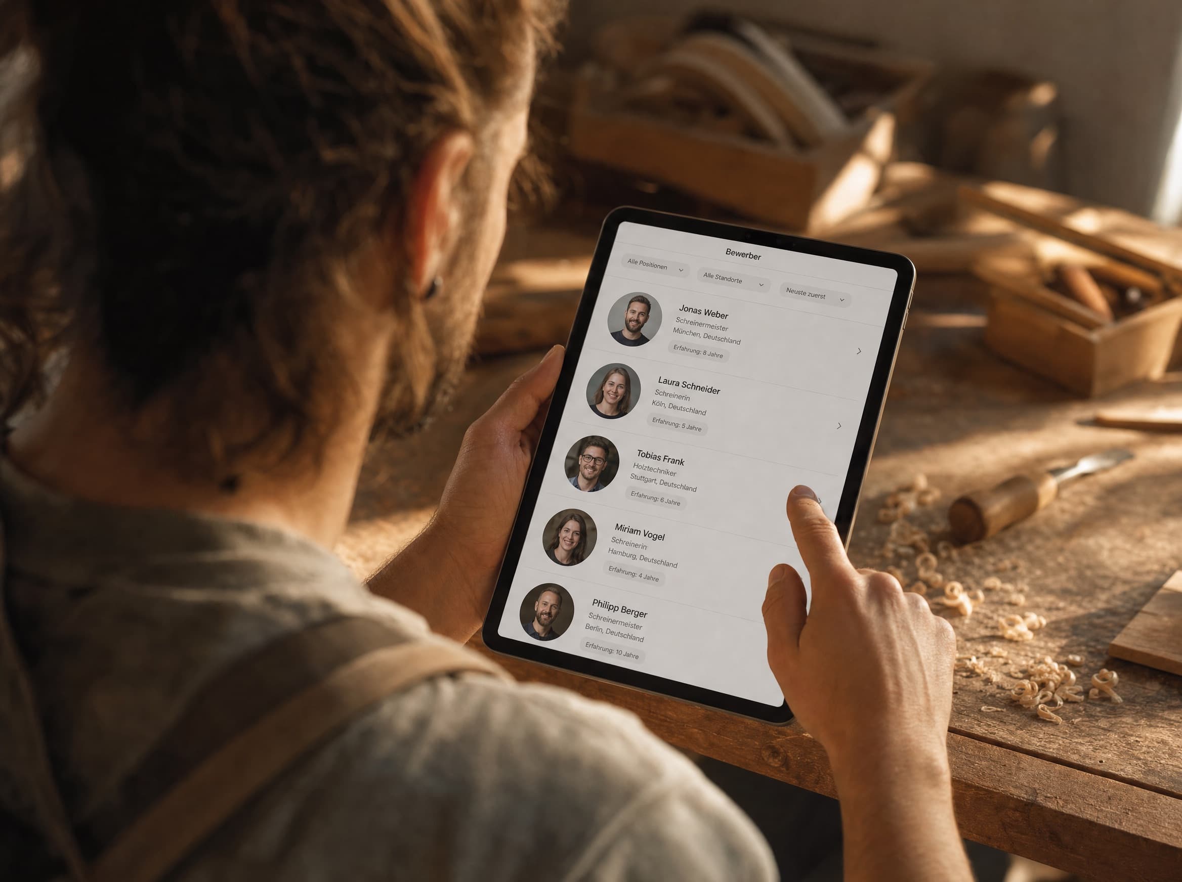 Bewerberübersicht auf einem Tablet mit Foto, Qualifikation und Ort – Mitarbeitergewinnung für Schreinereien
