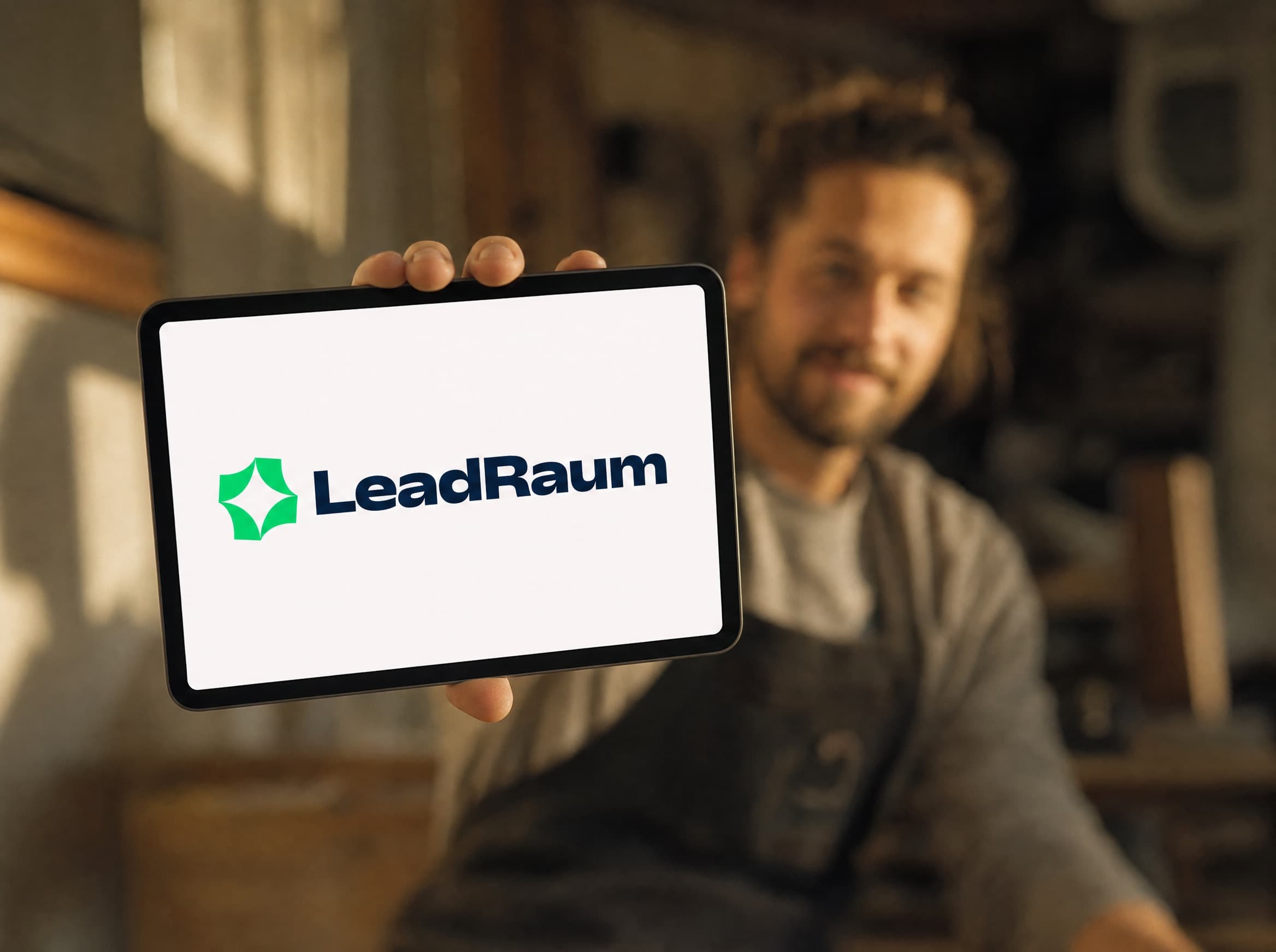 In die Kamera gehaltenes Tablet mit dem LeadRaum-Logo, dahinter unscharf der Arbeitsalltag in einer Schreinerei
