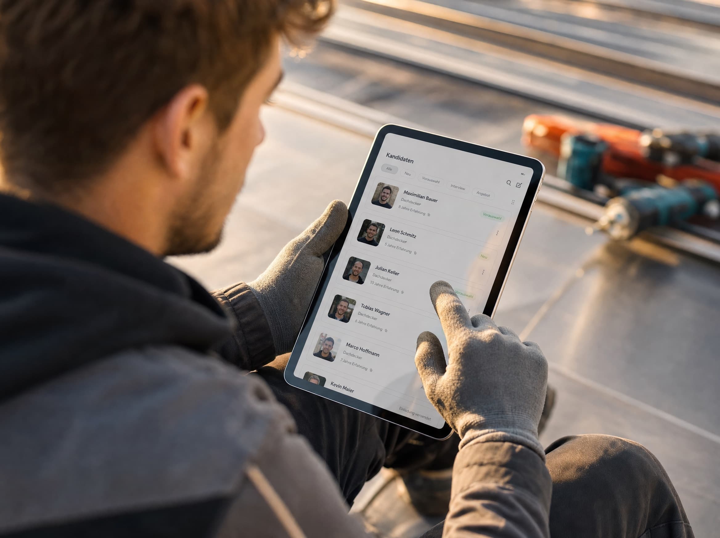 Bewerberübersicht auf einem Tablet mit Foto, Qualifikation und Ort – Mitarbeitergewinnung für Solarbetriebe