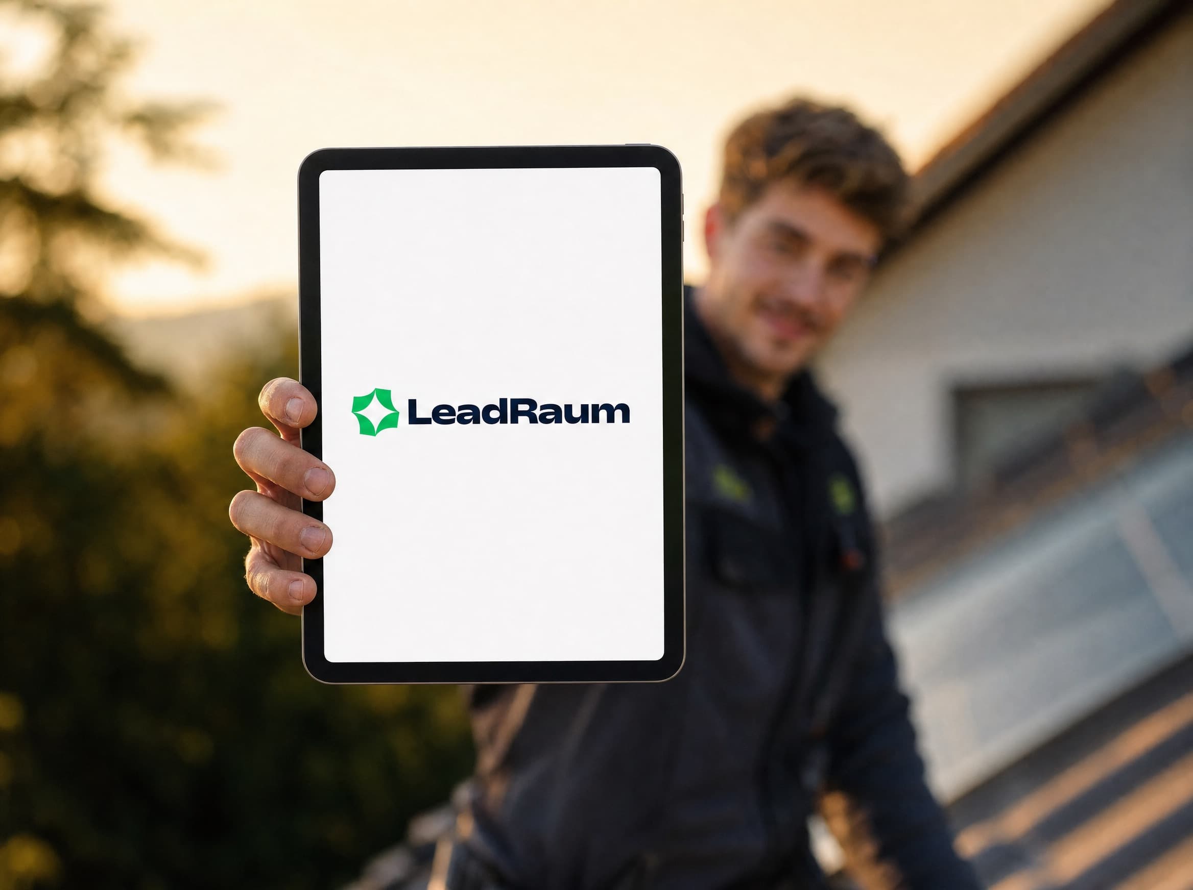 In die Kamera gehaltenes Tablet mit dem LeadRaum-Logo, dahinter unscharf der Arbeitsalltag in einem Solarbetrieb