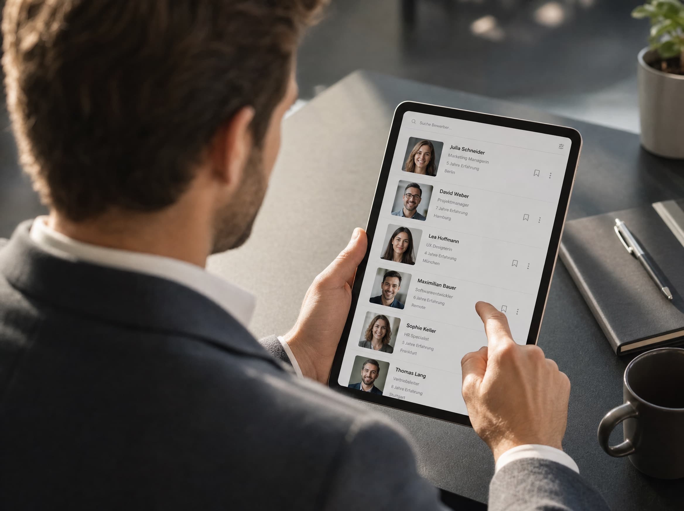 Bewerberübersicht auf einem Tablet mit Foto, Qualifikation und Ort – Mitarbeitergewinnung für Unternehmensberatungen