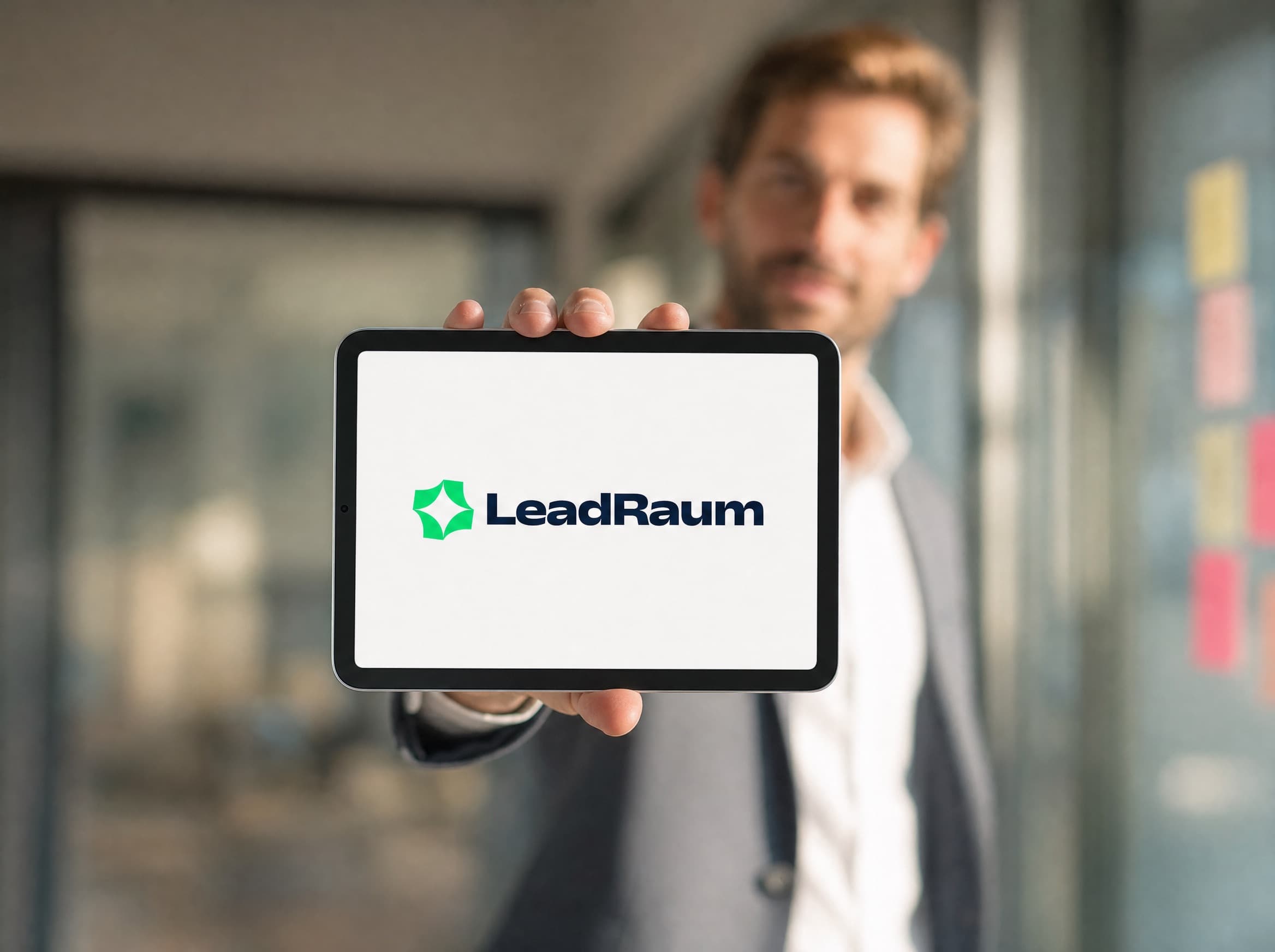 In die Kamera gehaltenes Tablet mit dem LeadRaum-Logo, dahinter unscharf der Arbeitsalltag in einer Unternehmensberatung