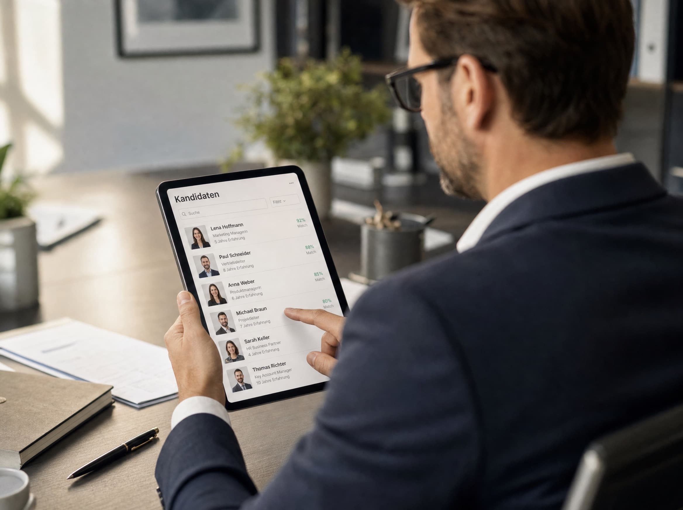 Bewerberübersicht auf einem Tablet mit Foto, Qualifikation und Ort – Mitarbeitergewinnung für Maklerbüros