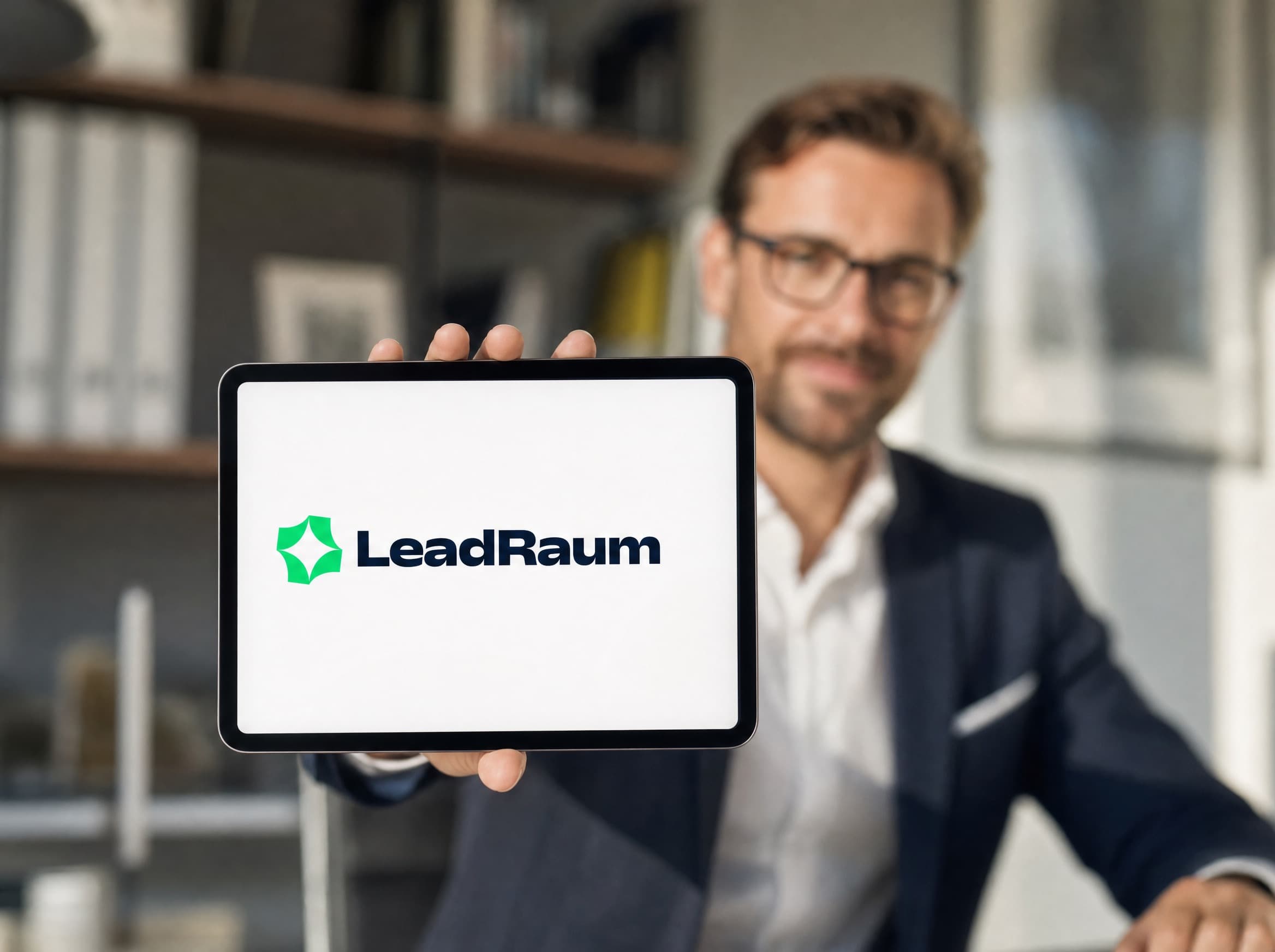 In die Kamera gehaltenes Tablet mit dem LeadRaum-Logo, dahinter unscharf der Arbeitsalltag in einem Maklerbüro
