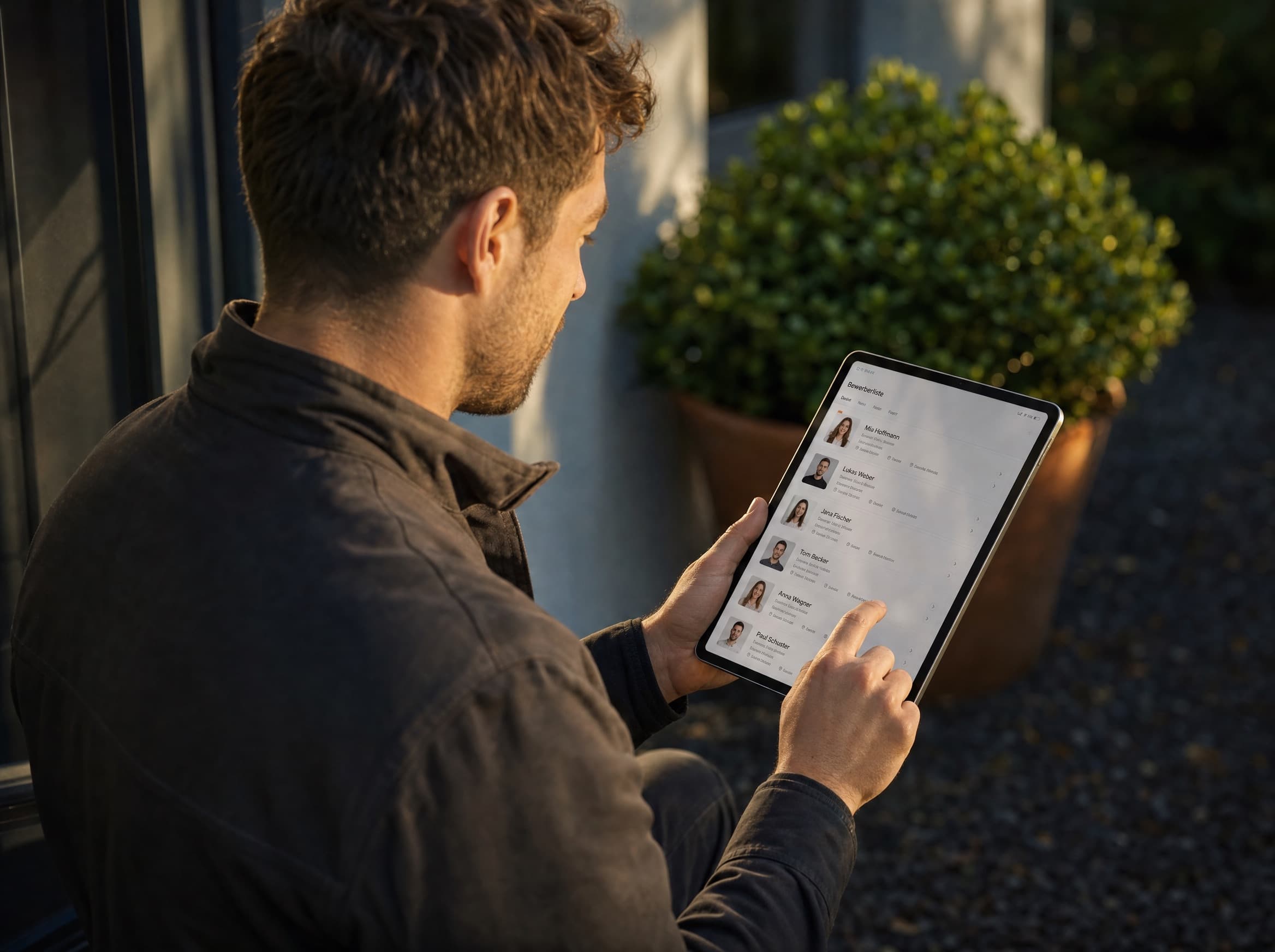 Bewerberübersicht auf einem Tablet mit Foto, Qualifikation und Ort – Mitarbeitergewinnung für Heizungsbaubetriebe
