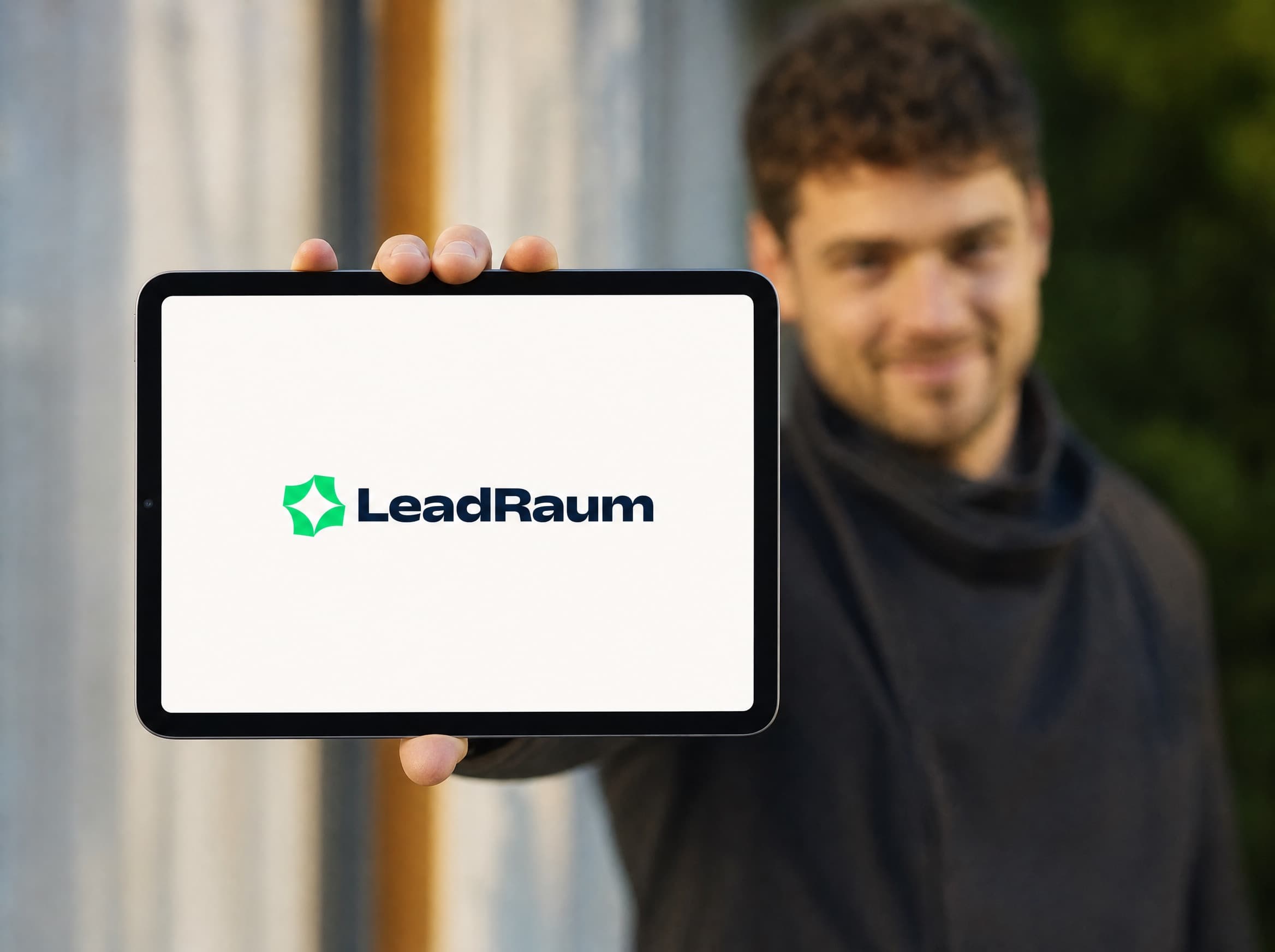 In die Kamera gehaltenes Tablet mit dem LeadRaum-Logo, dahinter unscharf der Arbeitsalltag in einem Heizungsbaubetrieb