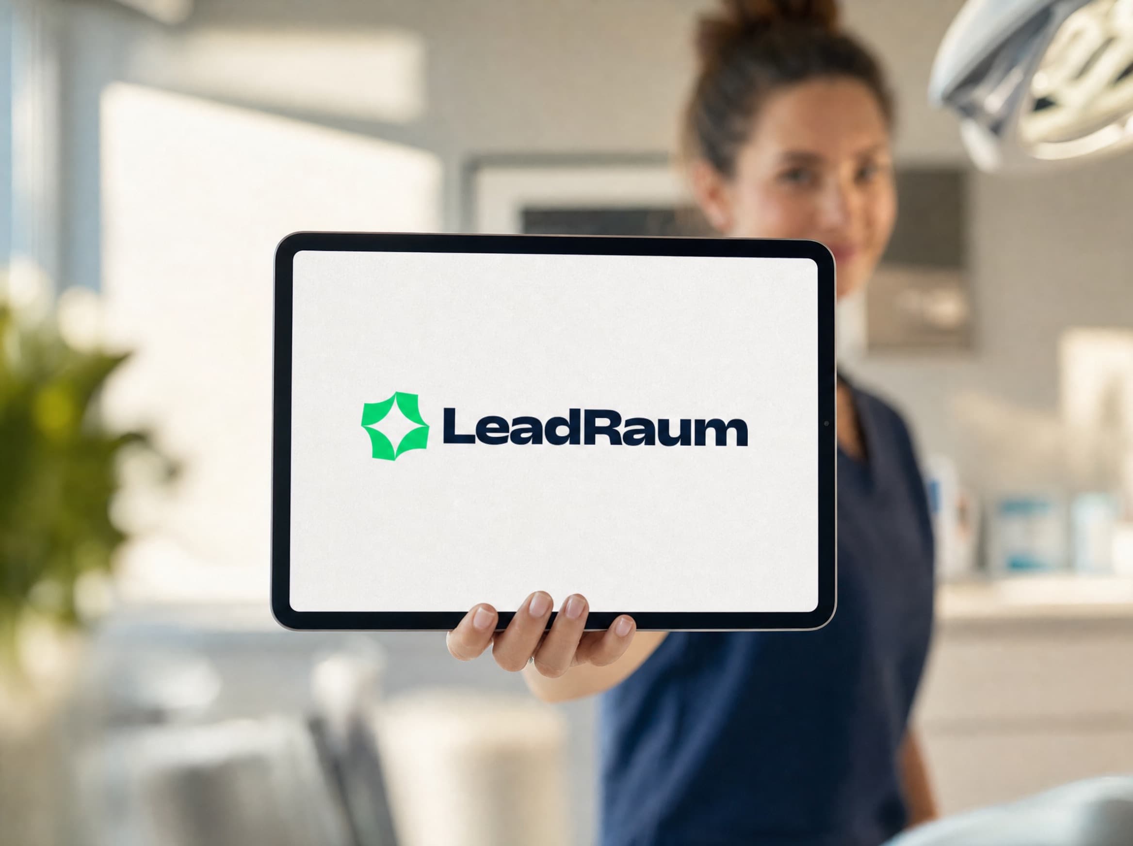 In die Kamera gehaltenes Tablet mit dem LeadRaum-Logo, dahinter unscharf der Arbeitsalltag in einer Zahnarztpraxis